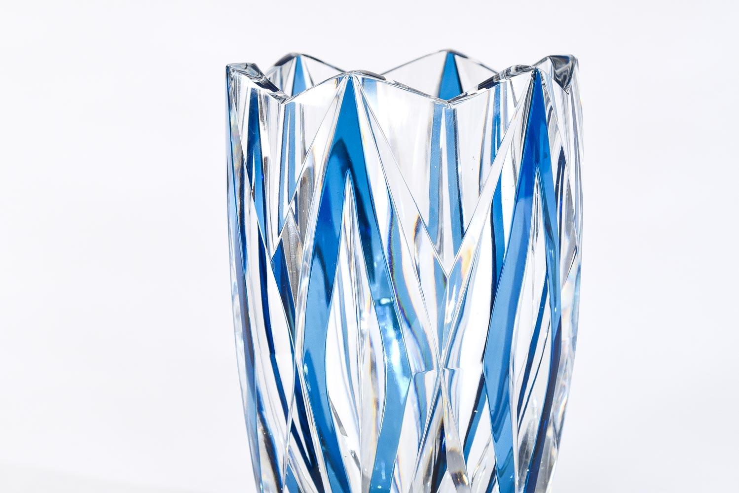 Val Saint Lambert Art Deco Crystal Vase Turquoise Cut to Clear Diamond Pattern In Excellent Condition In Great Barrington, MA