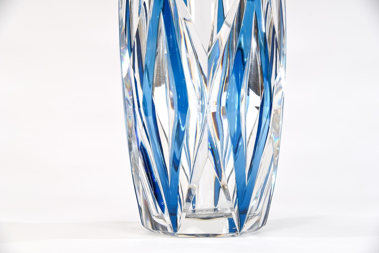 Early 20th Century Val Saint Lambert Art Deco Crystal Vase Turquoise Cut to Clear Diamond Pattern