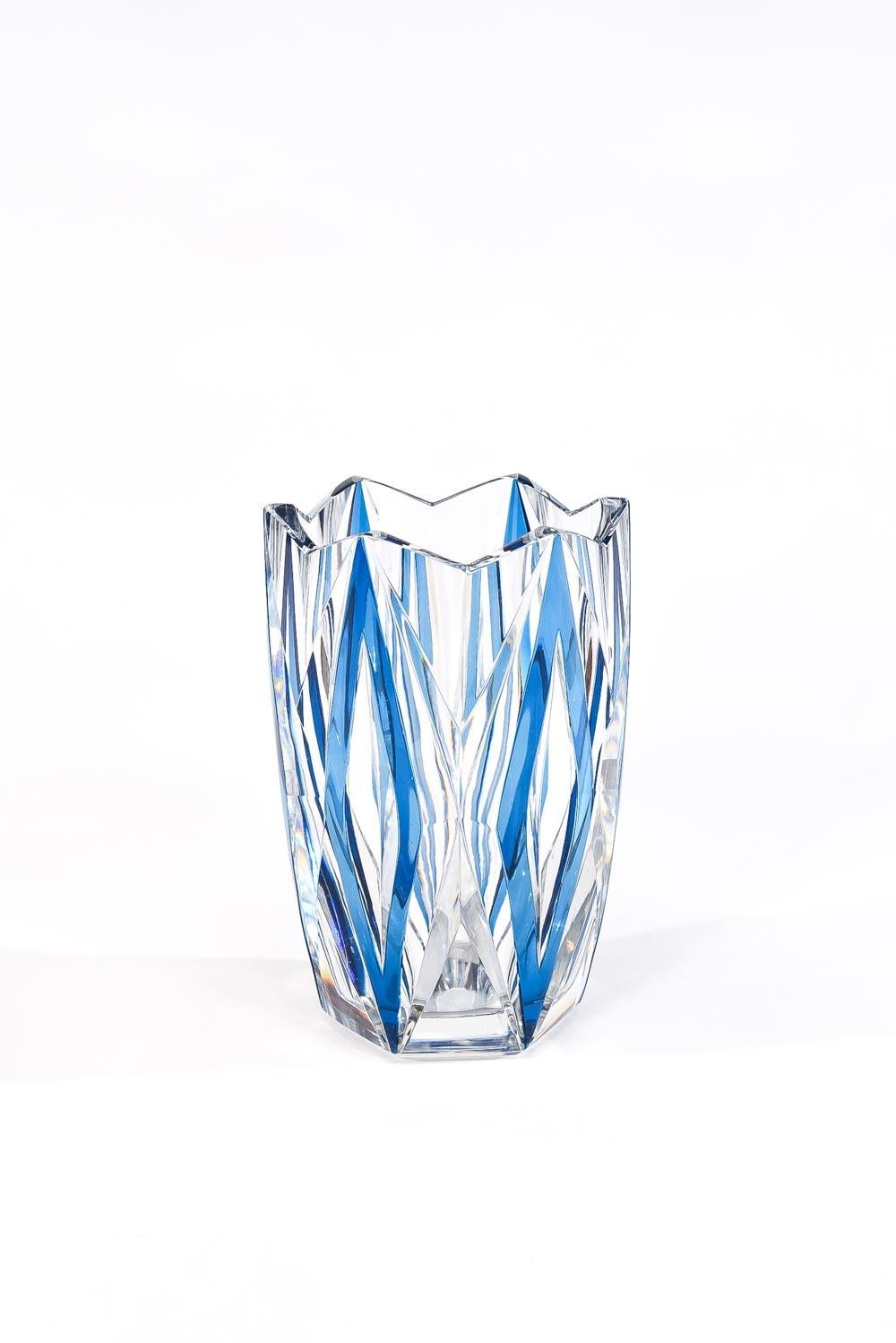 Val Saint Lambert Art Deco Crystal Vase Turquoise Cut to Clear Diamond Pattern 1