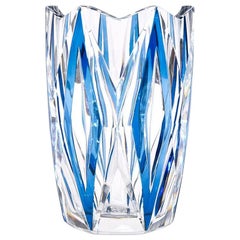 Val Saint Lambert Art Deco Crystal Vase Turquoise Cut to Clear Diamond Pattern