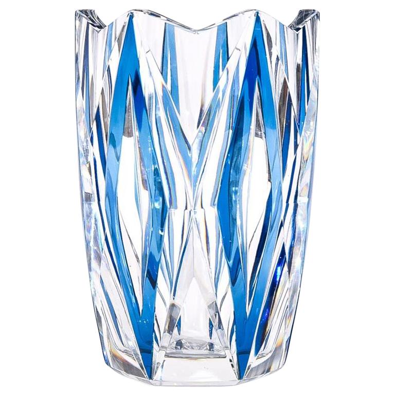 Val Saint Lambert Art Deco Crystal Vase Turquoise Cut to Clear Diamond