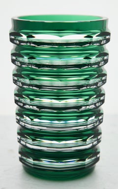 Val Saint Lambert Art Deco Green Crystal Vase Cut-to-Clear, 1950s