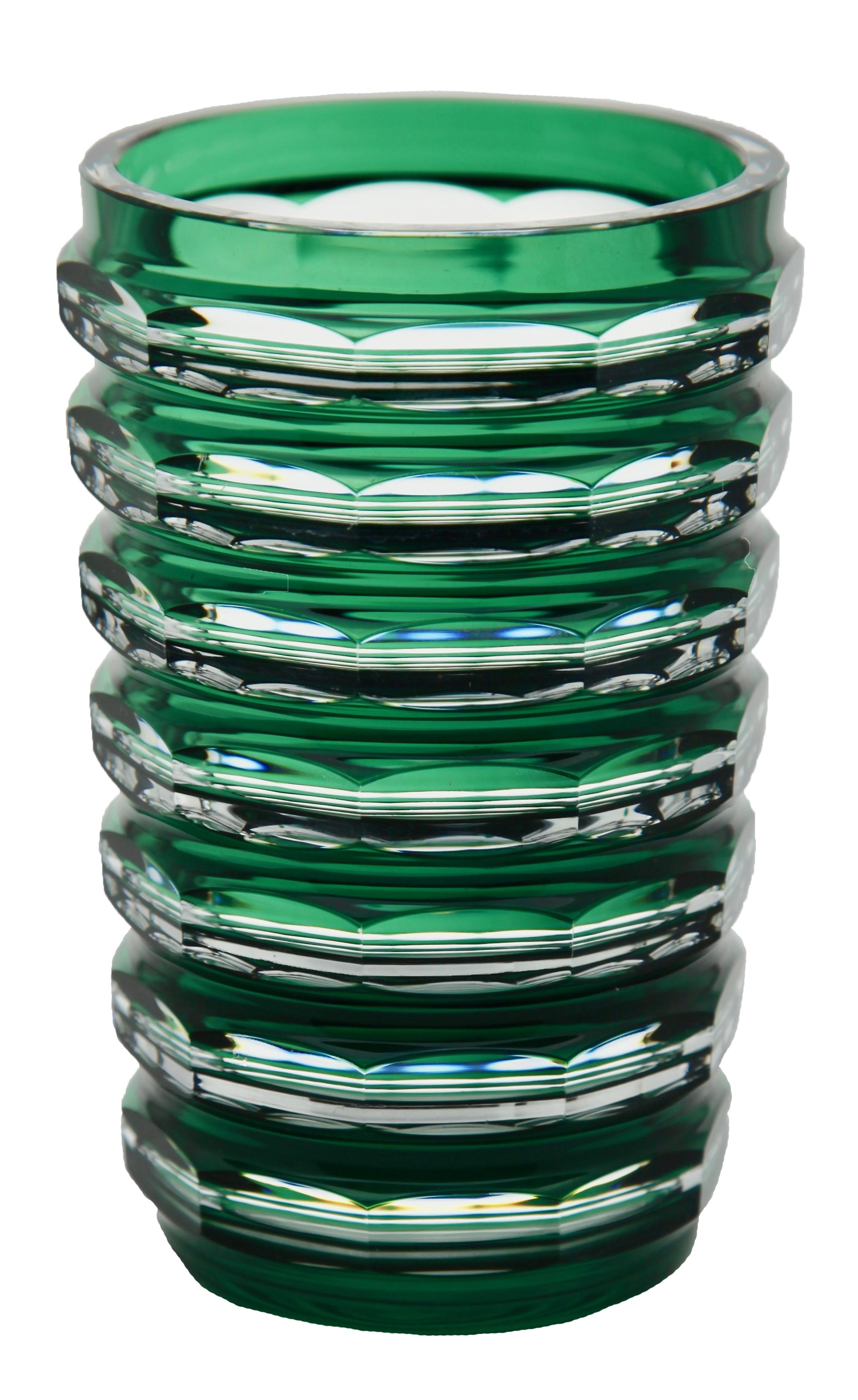 Mid-Century Modern Val Saint Lambert Art Deco Green Crystal Vase Cut-to-Clear, 1950s For Sale