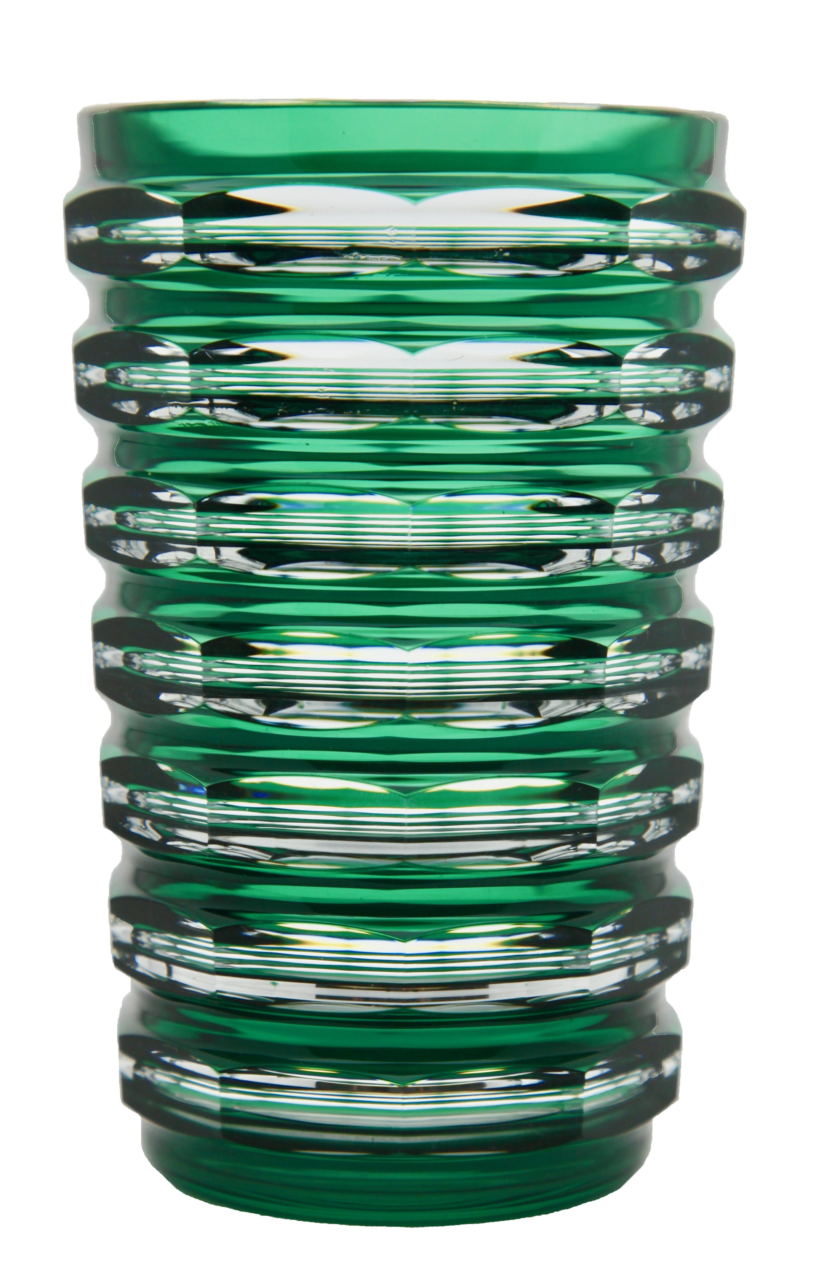 Hand-Crafted Val Saint Lambert Art Deco Green Crystal Vase Cut-to-Clear, 1950s For Sale