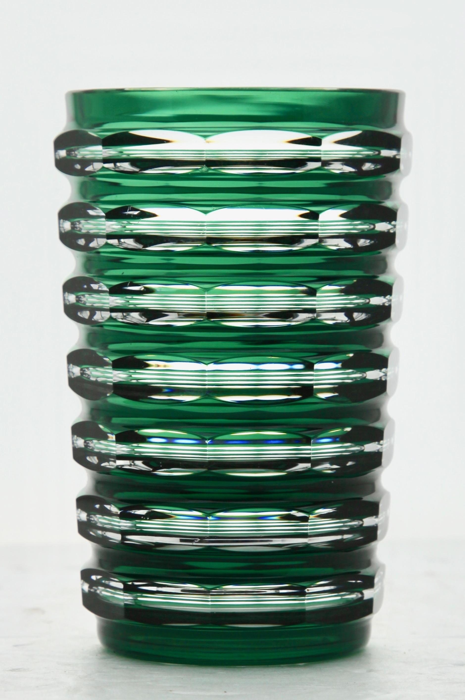 Val Saint Lambert Art Deco Green Crystal Vase Cut-to-Clear, 1950s In Good Condition For Sale In Verviers, BE