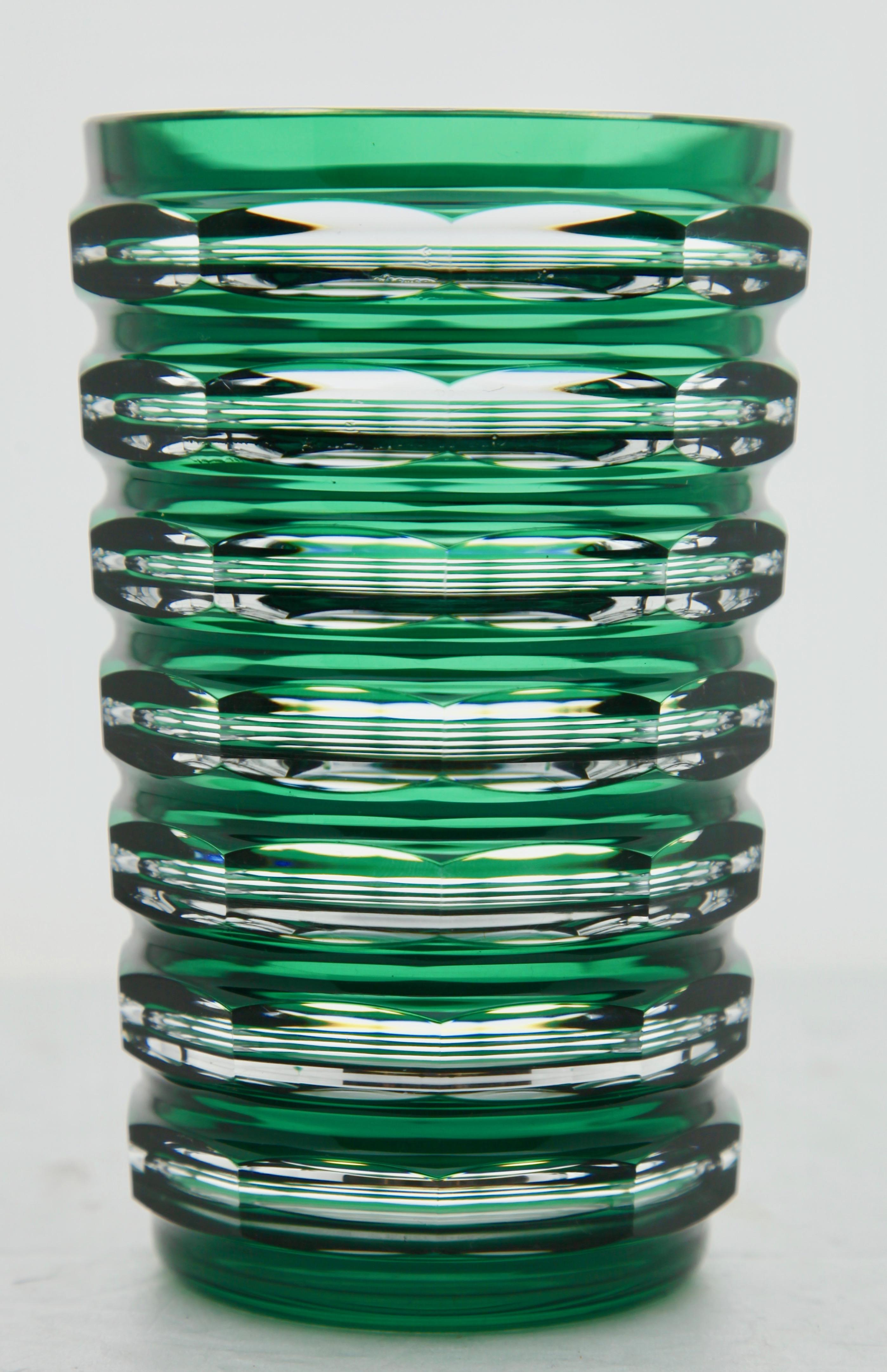 Val Saint Lambert Art Deco Green Crystal Vase Cut-to-Clear, 1950s For Sale 1