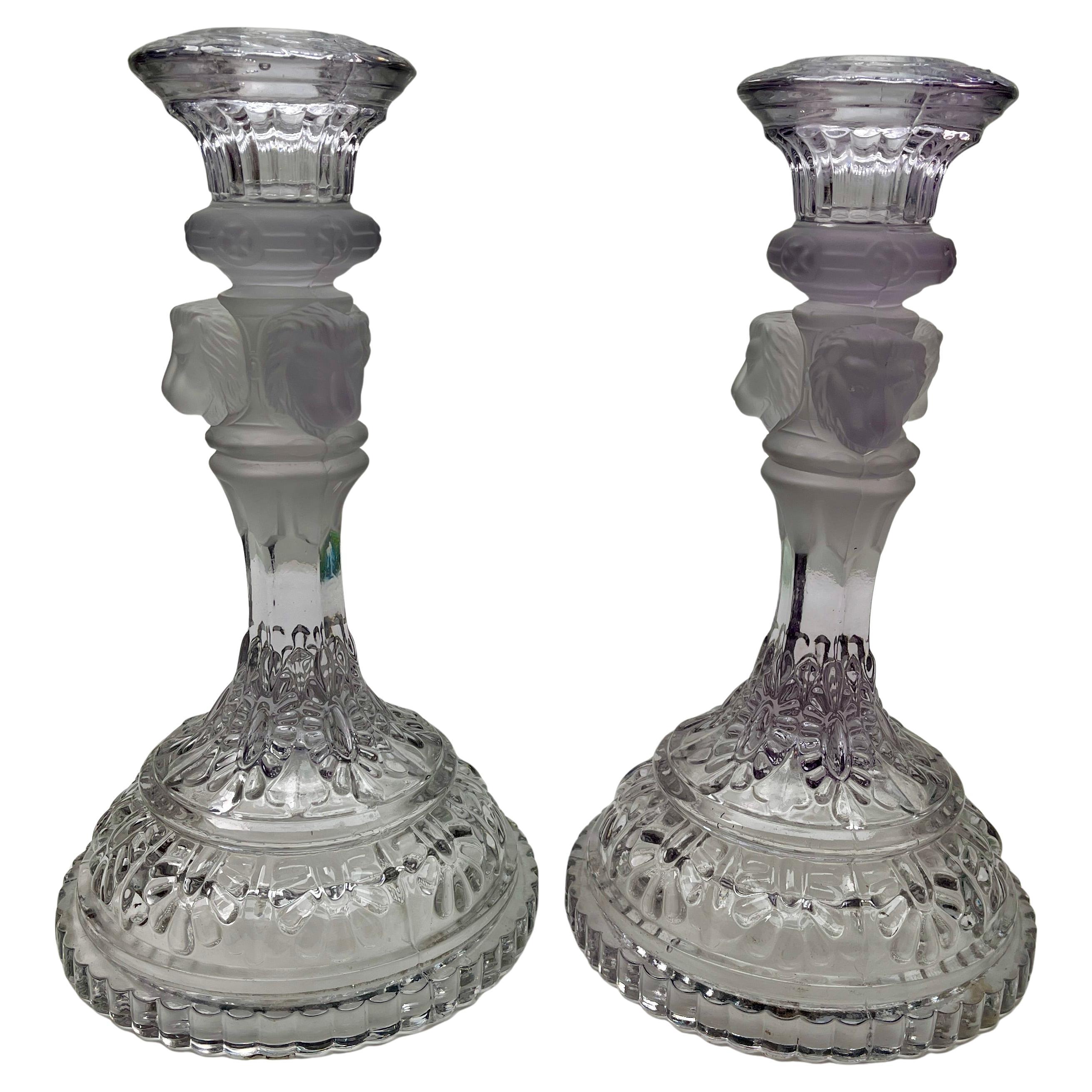 Val Saint Lambert - Coppia di candelieri in vetro trasparente e smerigliato 1900s In condizioni buone in vendita a Verviers, BE
