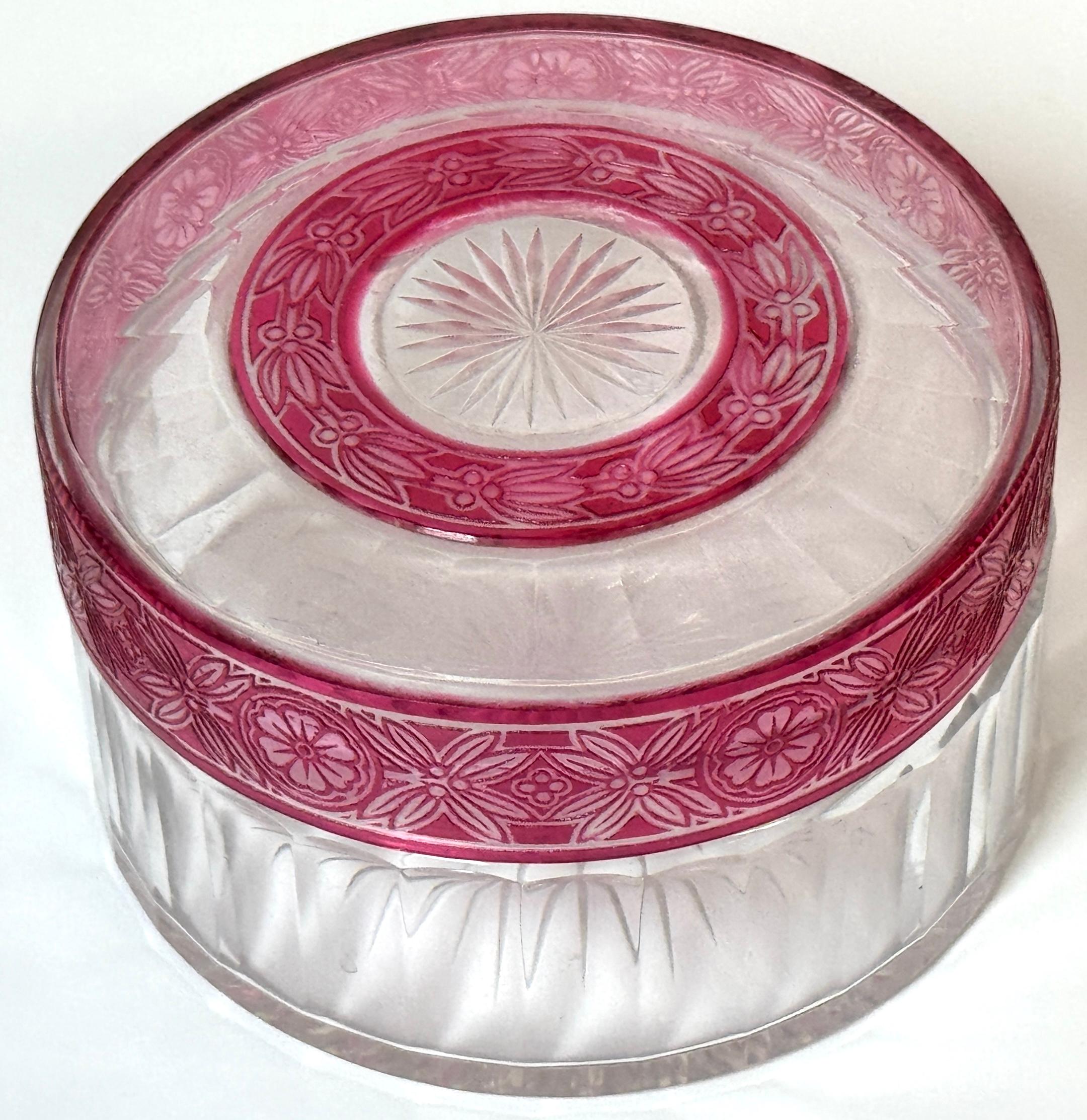 Belgian Val Saint Lambert  (Atrib.) Red Floral Cut-to-Clear Crystal Table Box For Sale