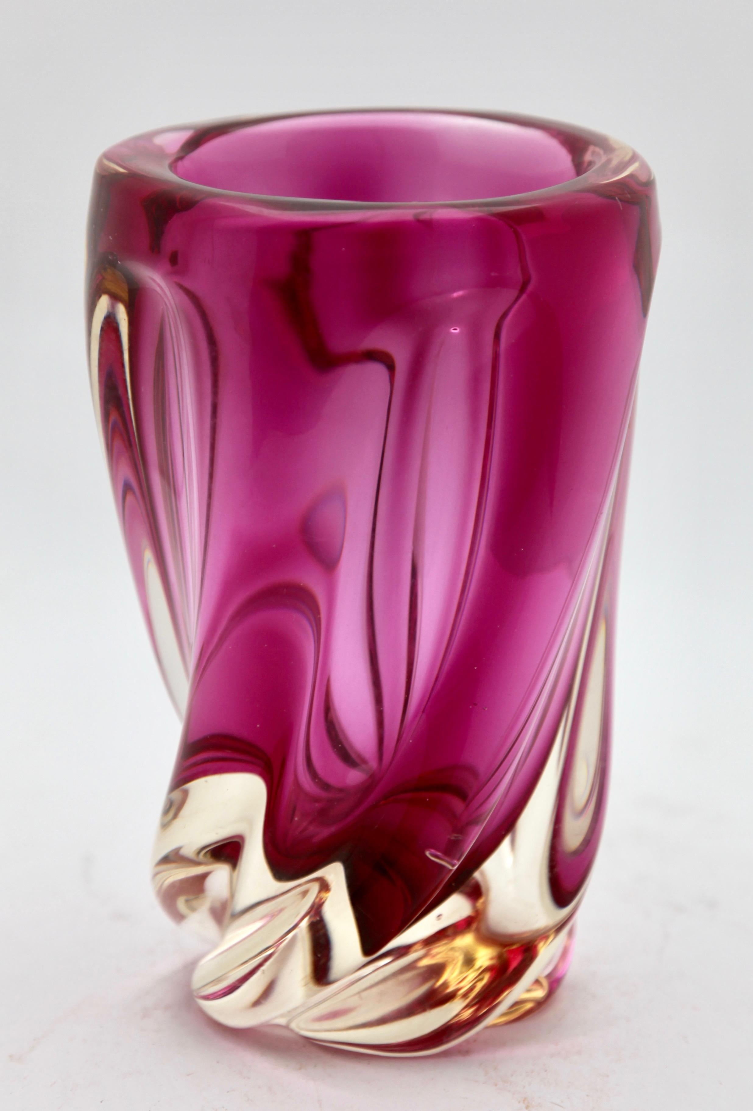 Heavy Val Saint Lambert crystal vase, catalogued in the 1950s.
The central amethyst color (a traditional favorite for VSL) has been given a thick Sommerso (clear layer on the outside) and sculpted with subtle curves by the master craftsmen at