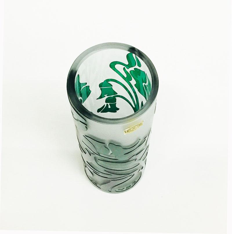 Val Saint Lambert, Belgium small thick cut-to-clear vase

Val Saint Lambert, Belgium
Small thick cut-to-clear frosted and green clear glass with floral and leaf pattern by
Joseph Simon (1926-1942),
circa 1930.

The measurement is 20 cm high