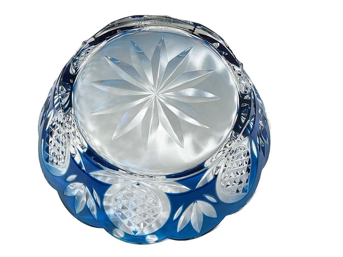 Belgian Val Saint Lambert Blue Crystal Bowl, Signed For Sale