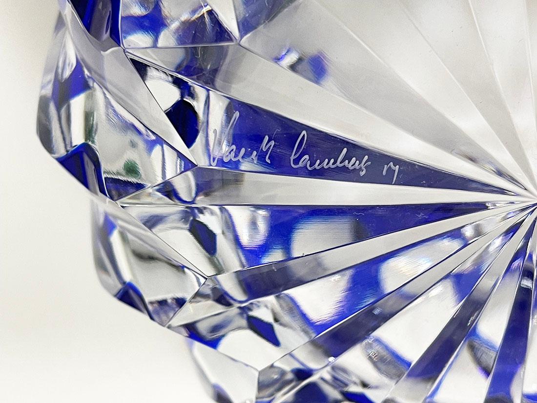 Belgian Val Saint Lambert blue cut-to clear Crystal ashtray, Signed For Sale