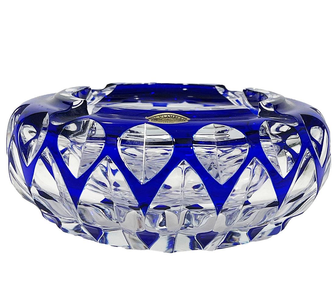 20th Century Val Saint Lambert blue cut-to clear Crystal ashtray, Signed For Sale