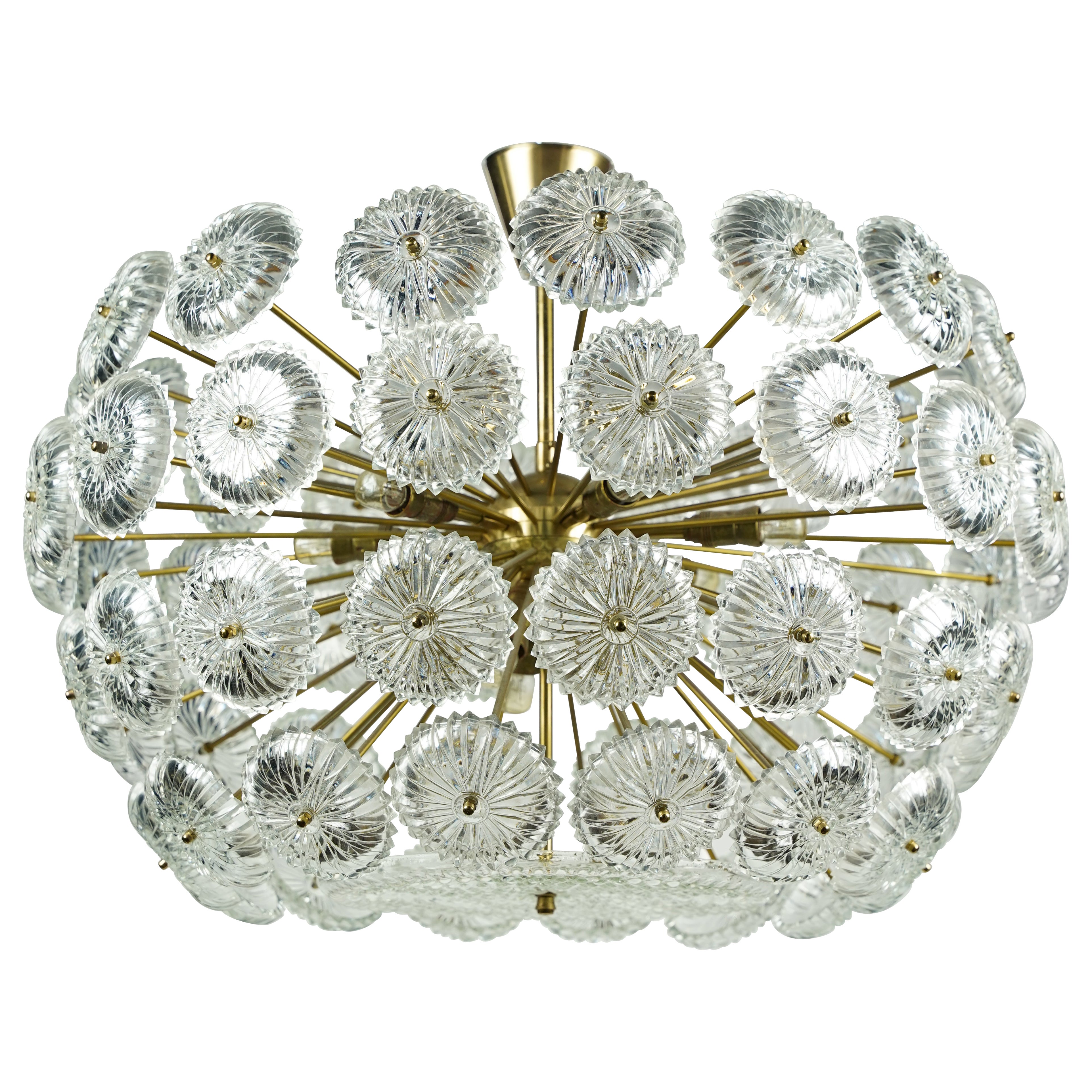 Lustre Spoutnik du Val Saint Lambert en laiton et verre, Belgique, 1970