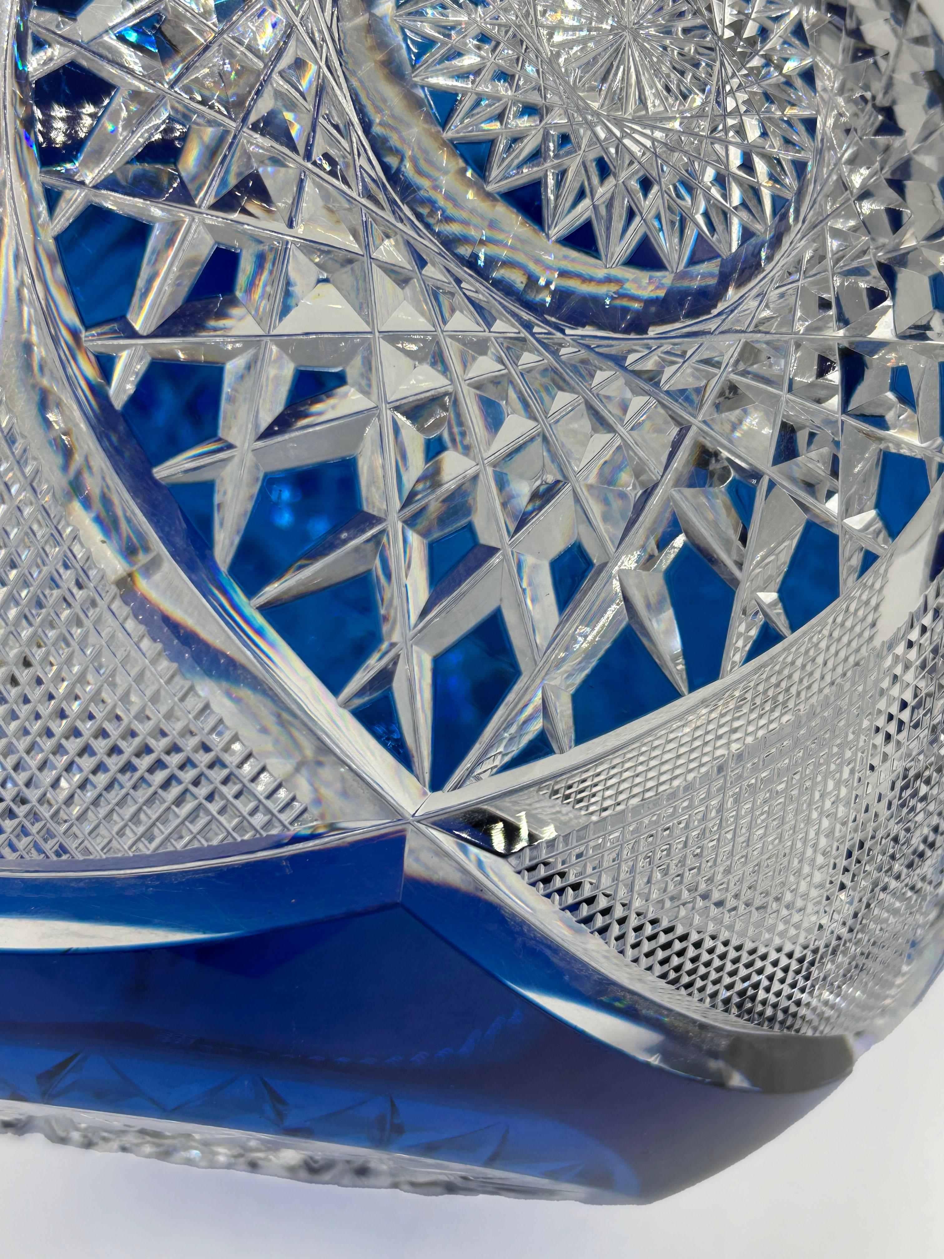 Mid-Century Modern Val Saint Lambert carved crystal ball in cobalt blue For Sale