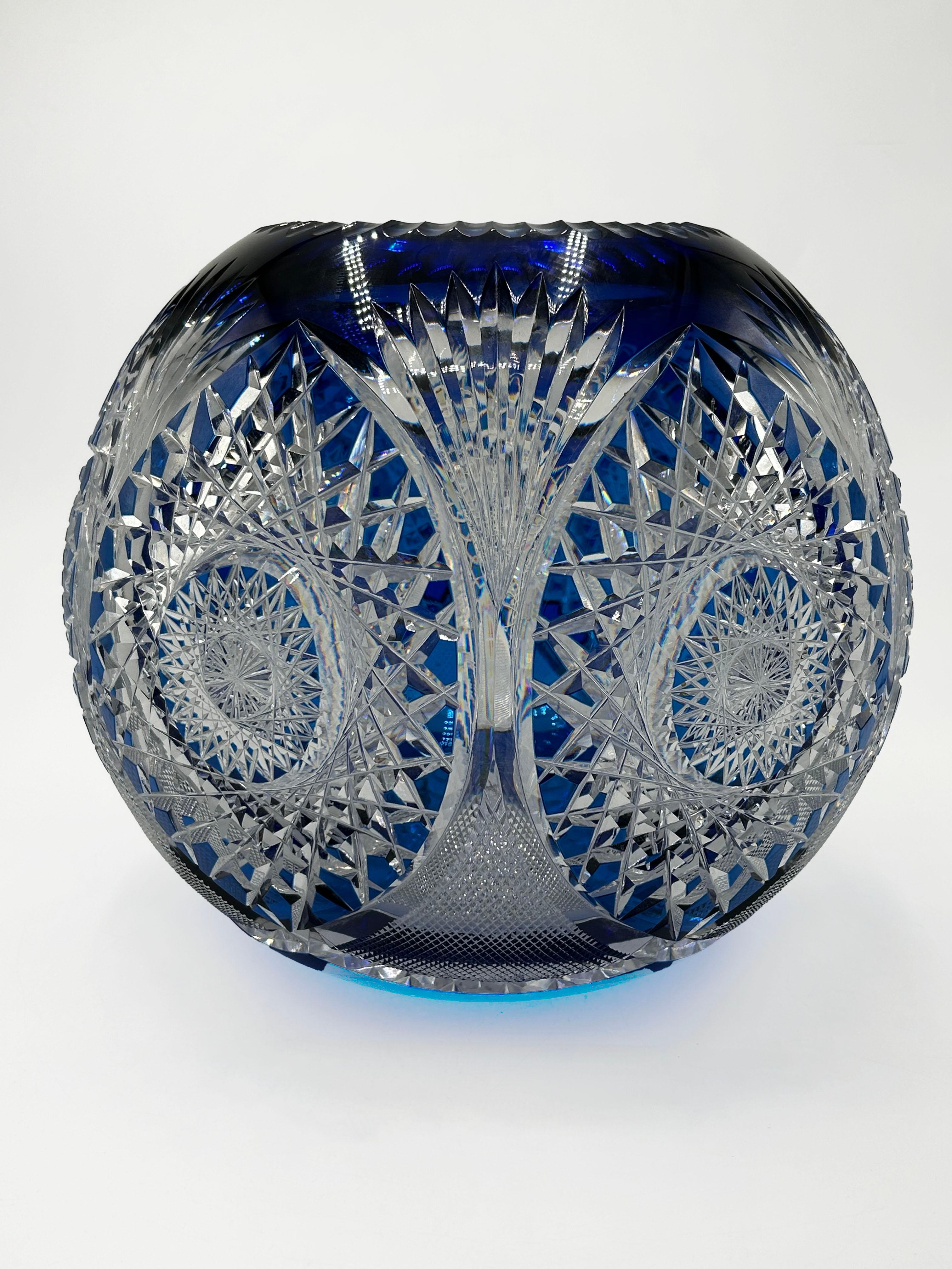 Hand-Carved Val Saint Lambert carved crystal ball in cobalt blue For Sale