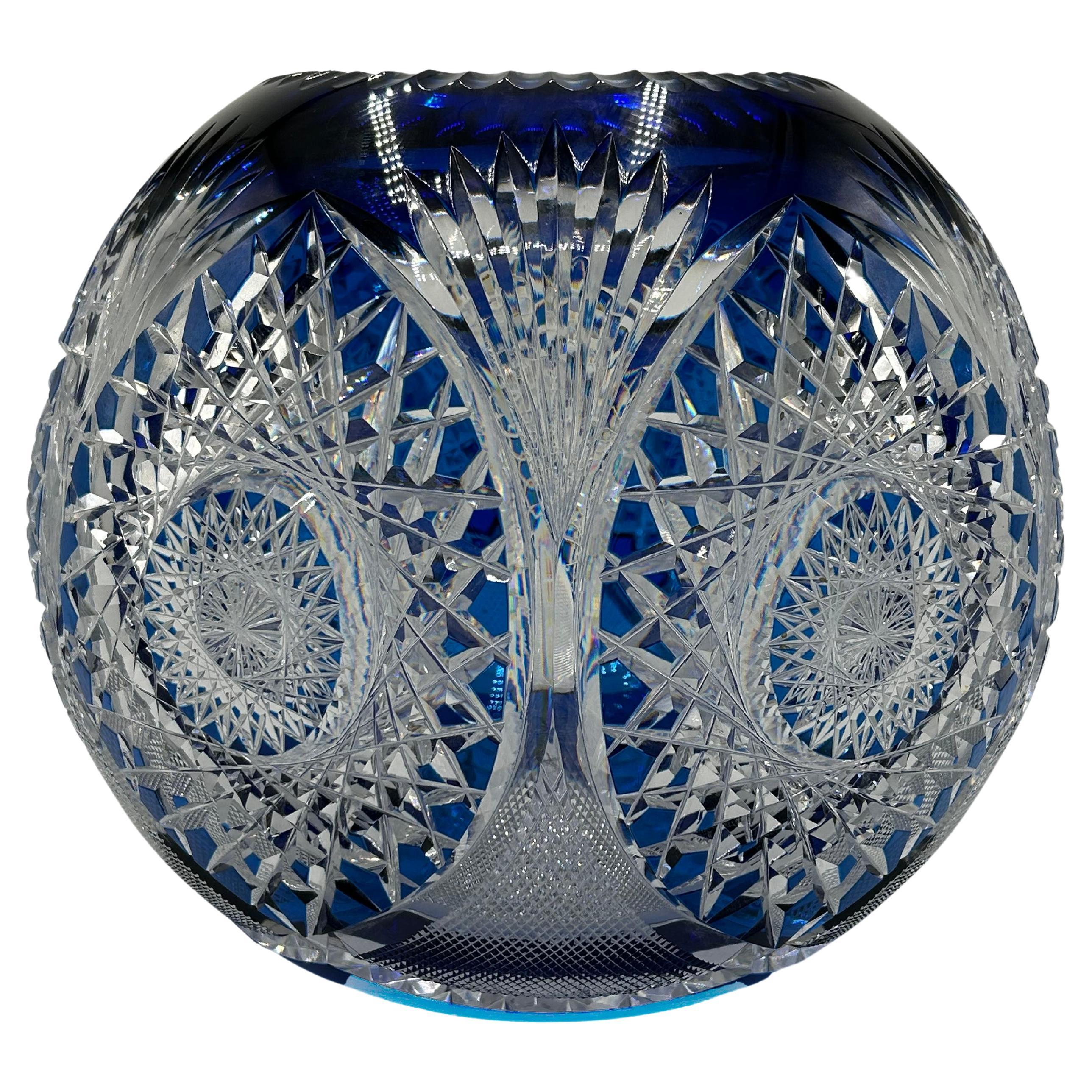 Val Saint Lambert carved crystal ball in cobalt blue For Sale