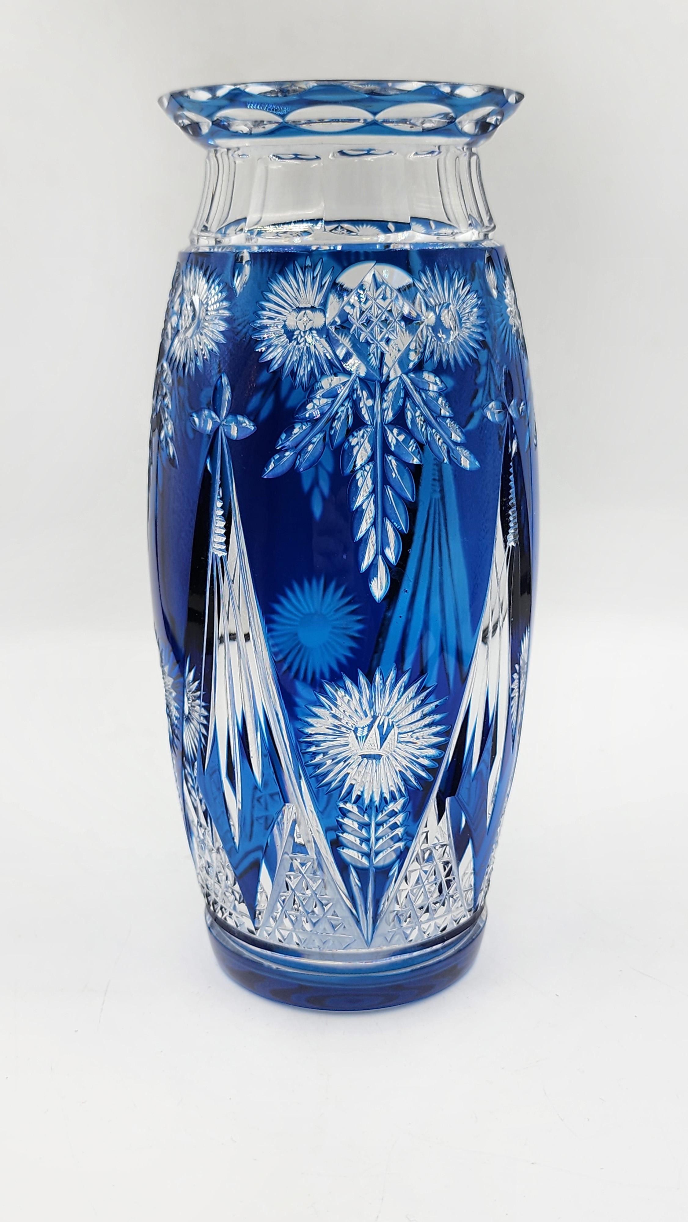 Belgian Val Saint Lambert Cut Glass Vase in cobalt blue For Sale