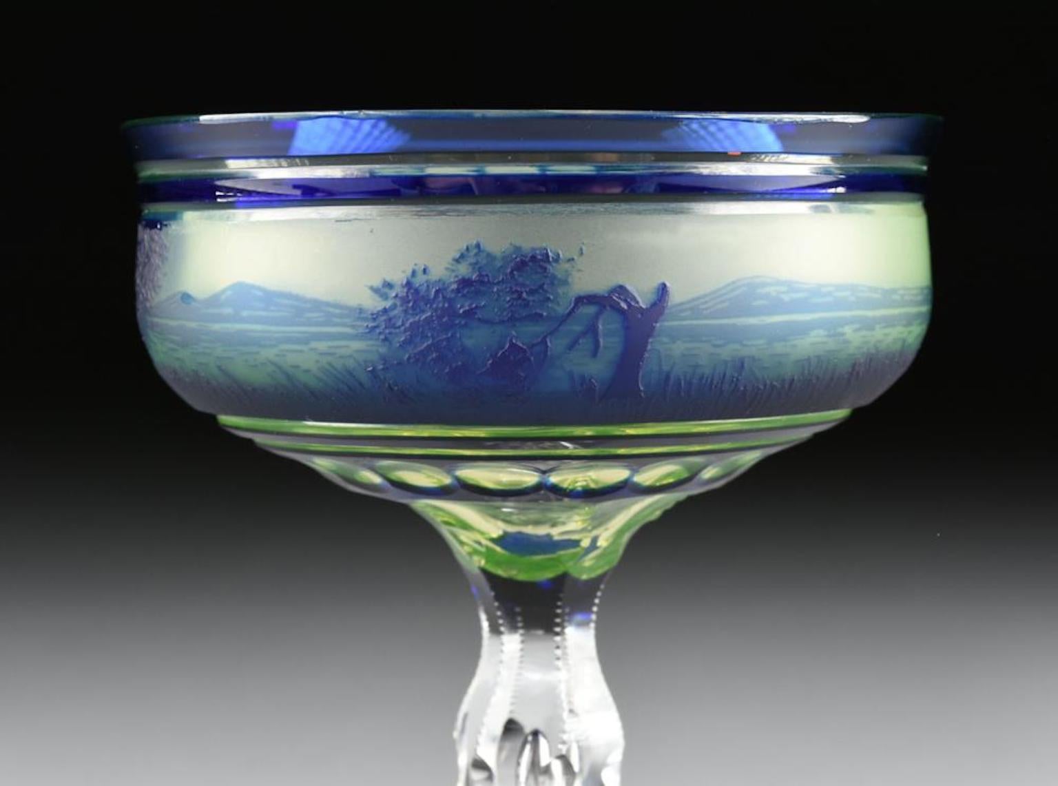 Early 20th Century Val Saint Lambert Cobalt Blue Cased and Cut Cameo Glass Champagne Coupe