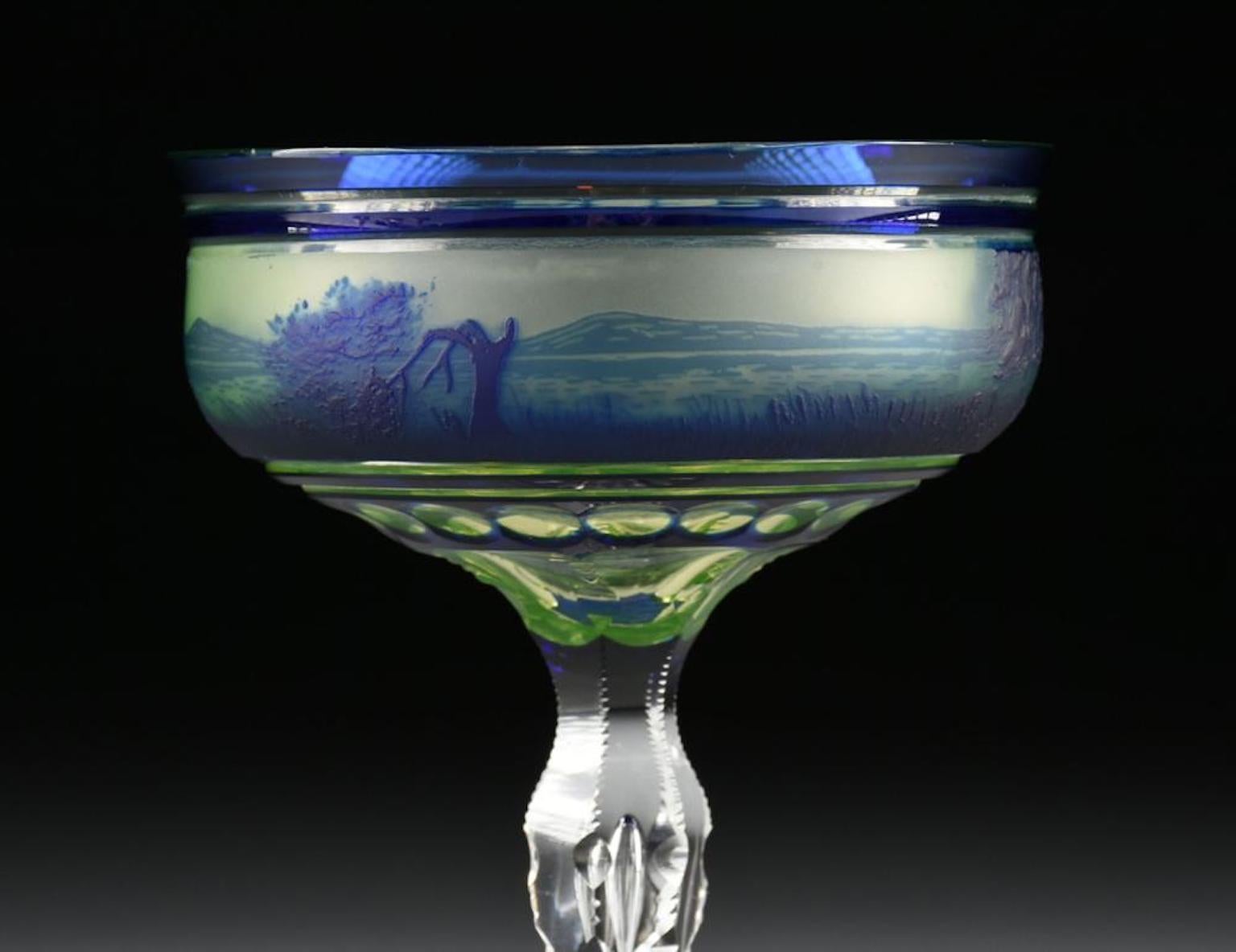 Val Saint Lambert Cobalt Blue Cased and Cut Cameo Glass Champagne Coupe 2