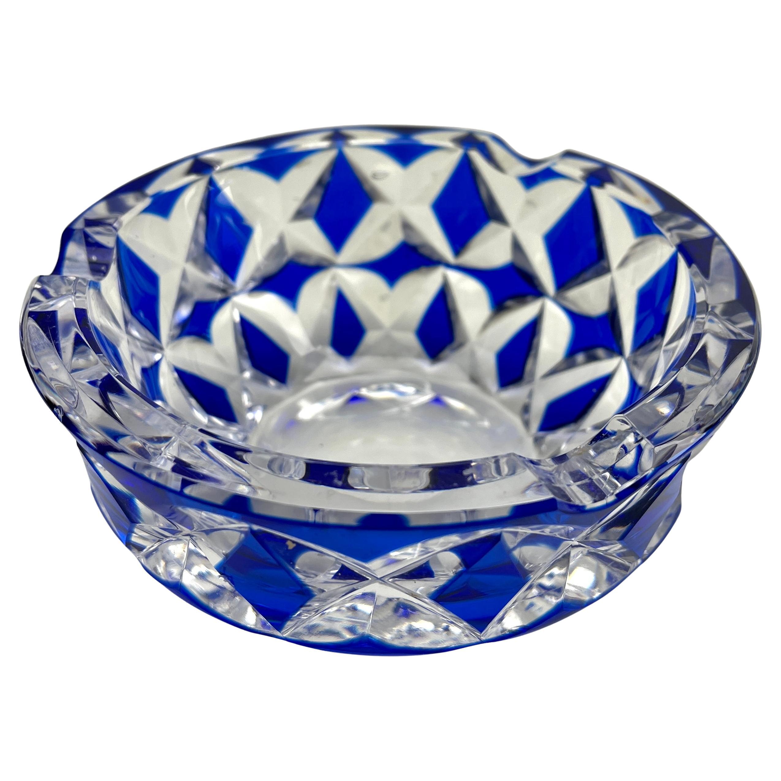 Val Saint Lambert Cobalt Blue Circular Crystal Ash-Tray, Handcut to Clear Signed