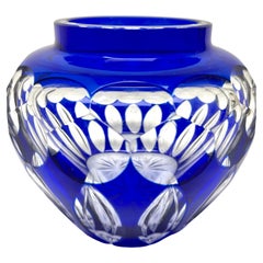 Antique Val Saint Lambert Cobalt Blue Crystal Vase Cut-to-clear, 1950s