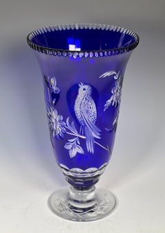 Val Saint Lambert Cobalt Blue Cut To Clear Crystal Vase Birds & Flowers