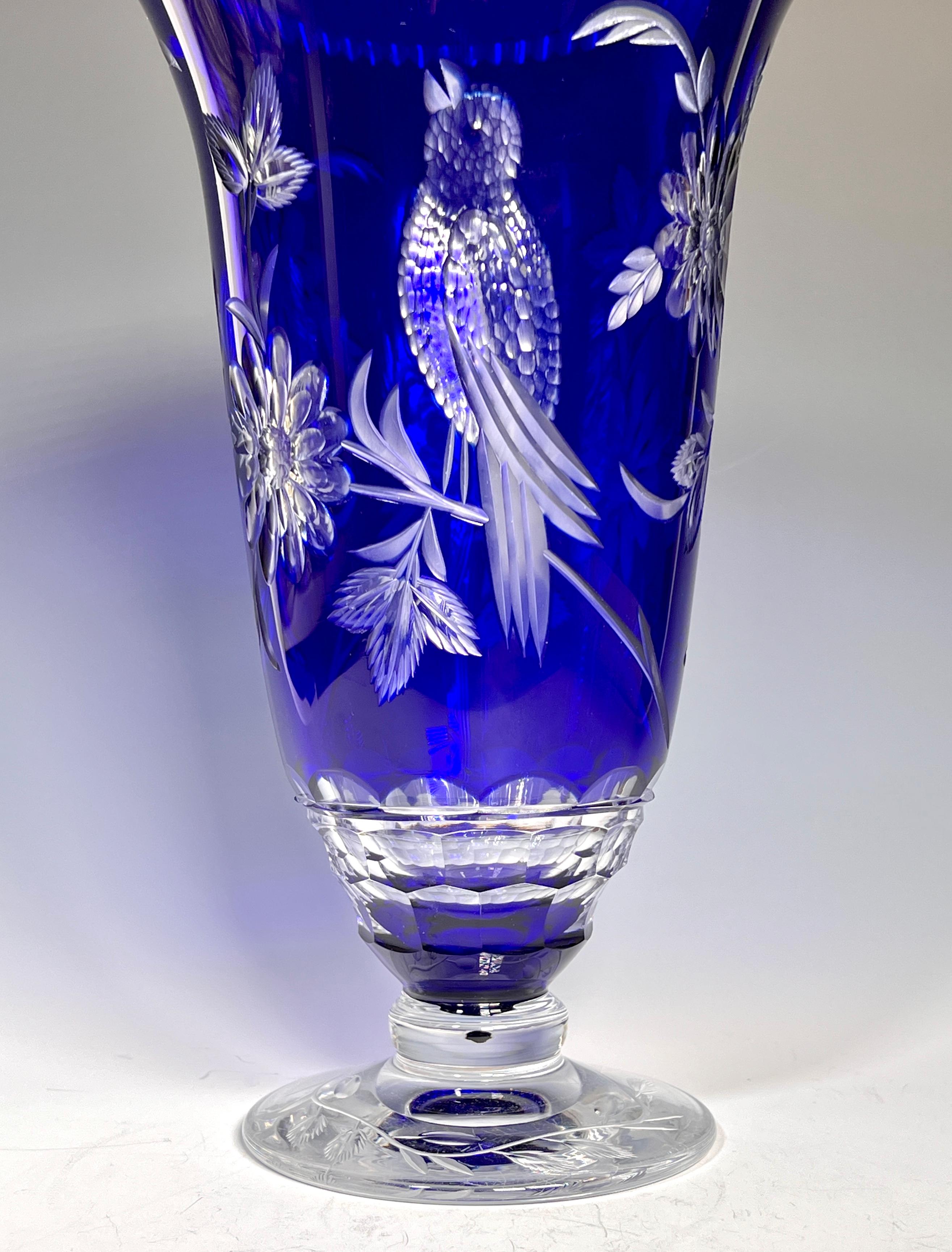 Belgian Val Saint Lambert Cobalt Blue Cut To Clear Crystal Vase Birds & Flowers For Sale