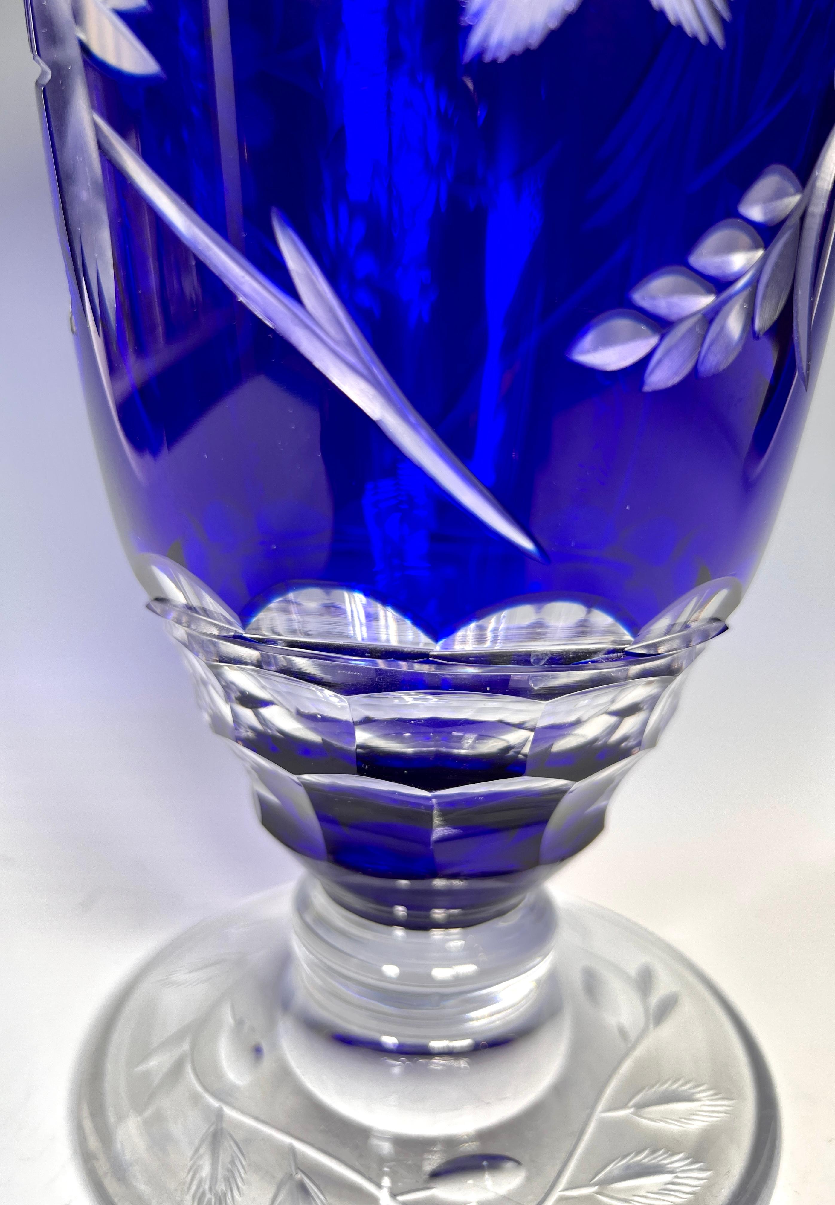 Engraved Val Saint Lambert Cobalt Blue Cut To Clear Crystal Vase Birds & Flowers For Sale
