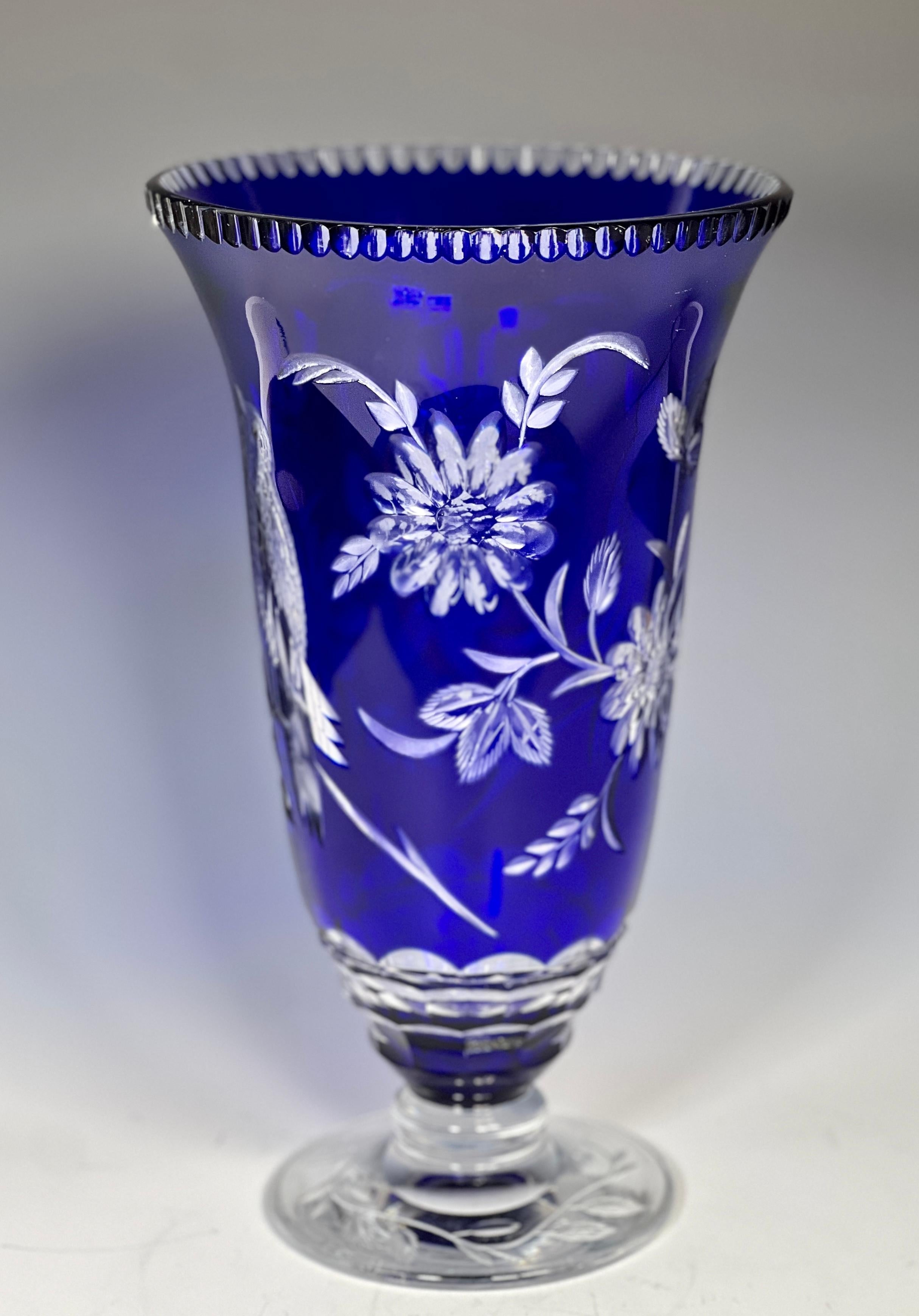 Mid-20th Century Val Saint Lambert Cobalt Blue Cut To Clear Crystal Vase Birds & Flowers For Sale