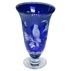 Val Saint Lambert Cobalt Blue Cut To Clear Crystal Vase Birds & Flowers