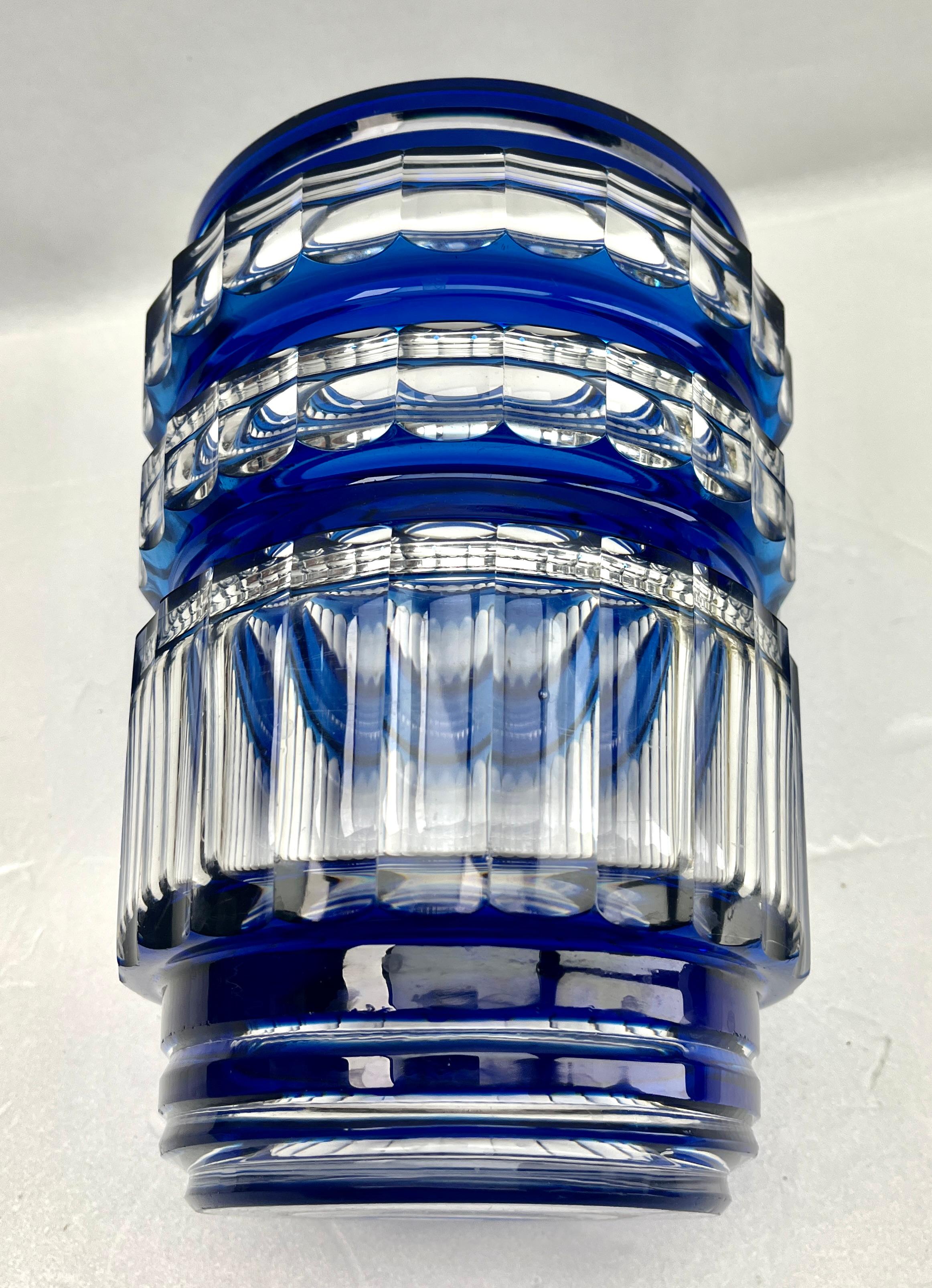 Art Deco Val Saint Lambert Cobalt Crystal Vase Cut to Clear Belgium 1950s For Sale