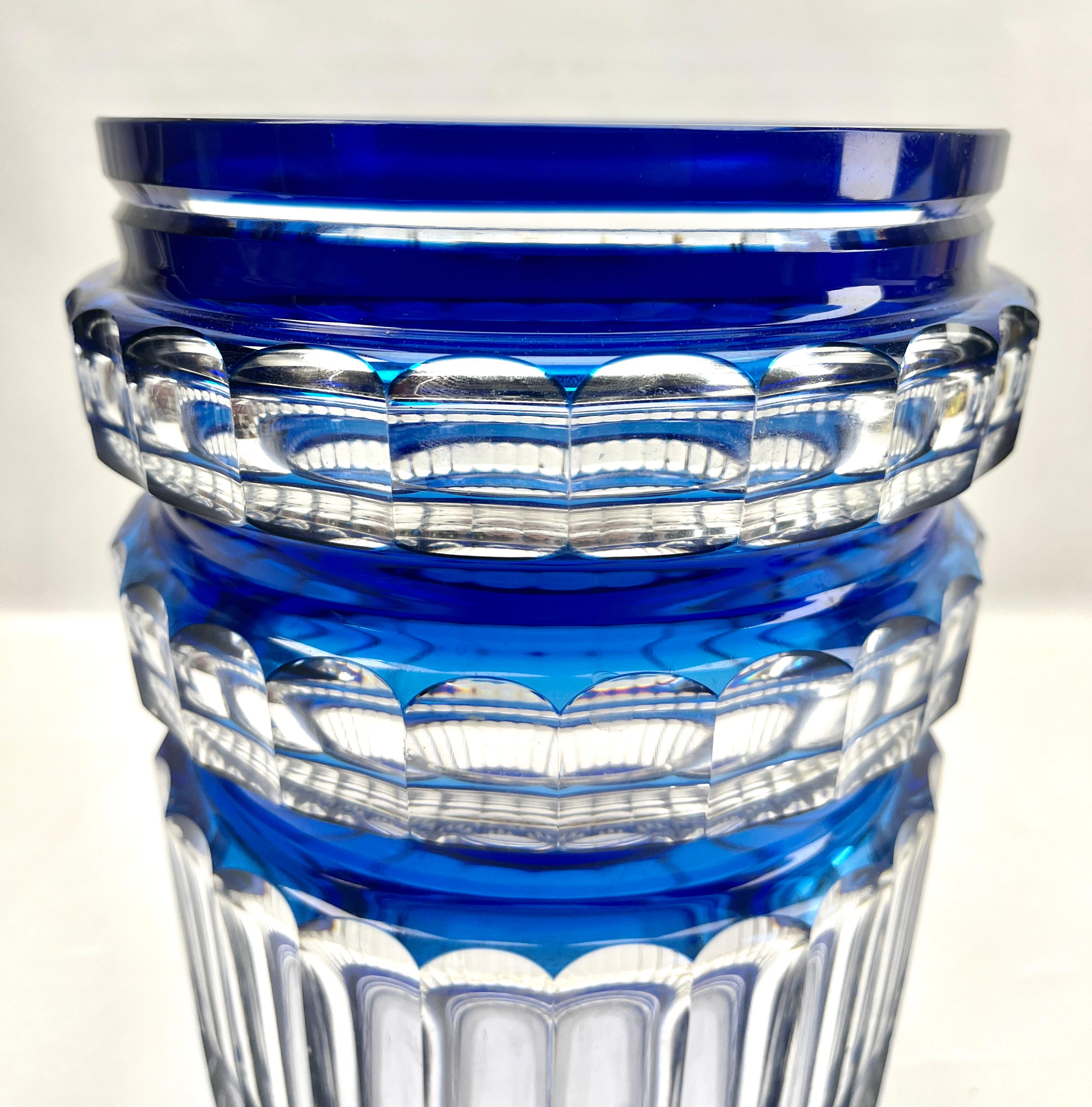 Belgian Val Saint Lambert Cobalt Crystal Vase Cut to Clear Belgium 1950s For Sale