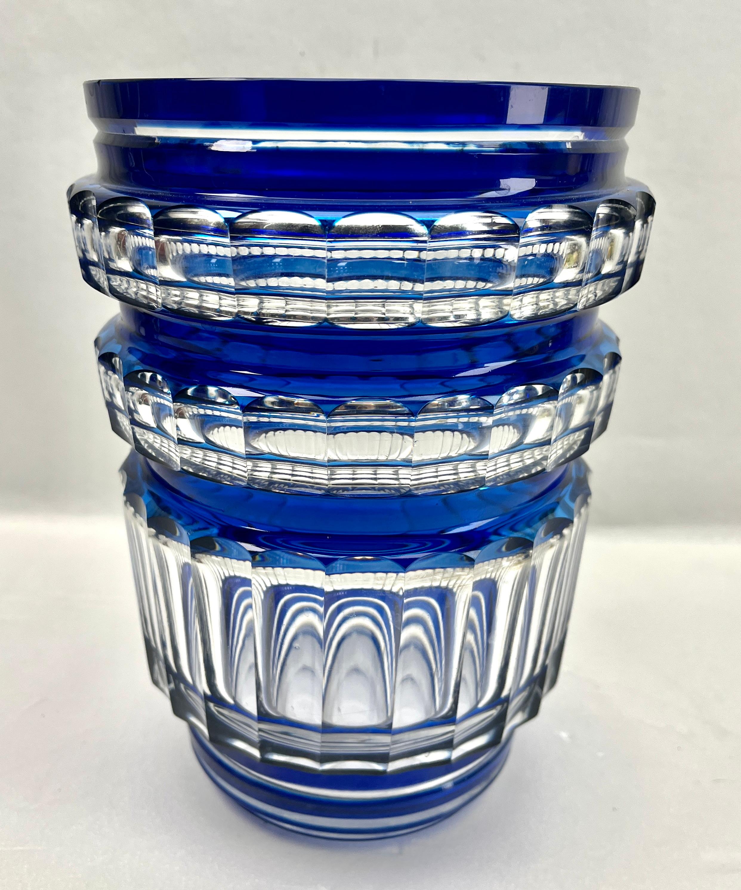 Faceted Val Saint Lambert Cobalt Crystal Vase Cut to Clear Belgium 1950s For Sale