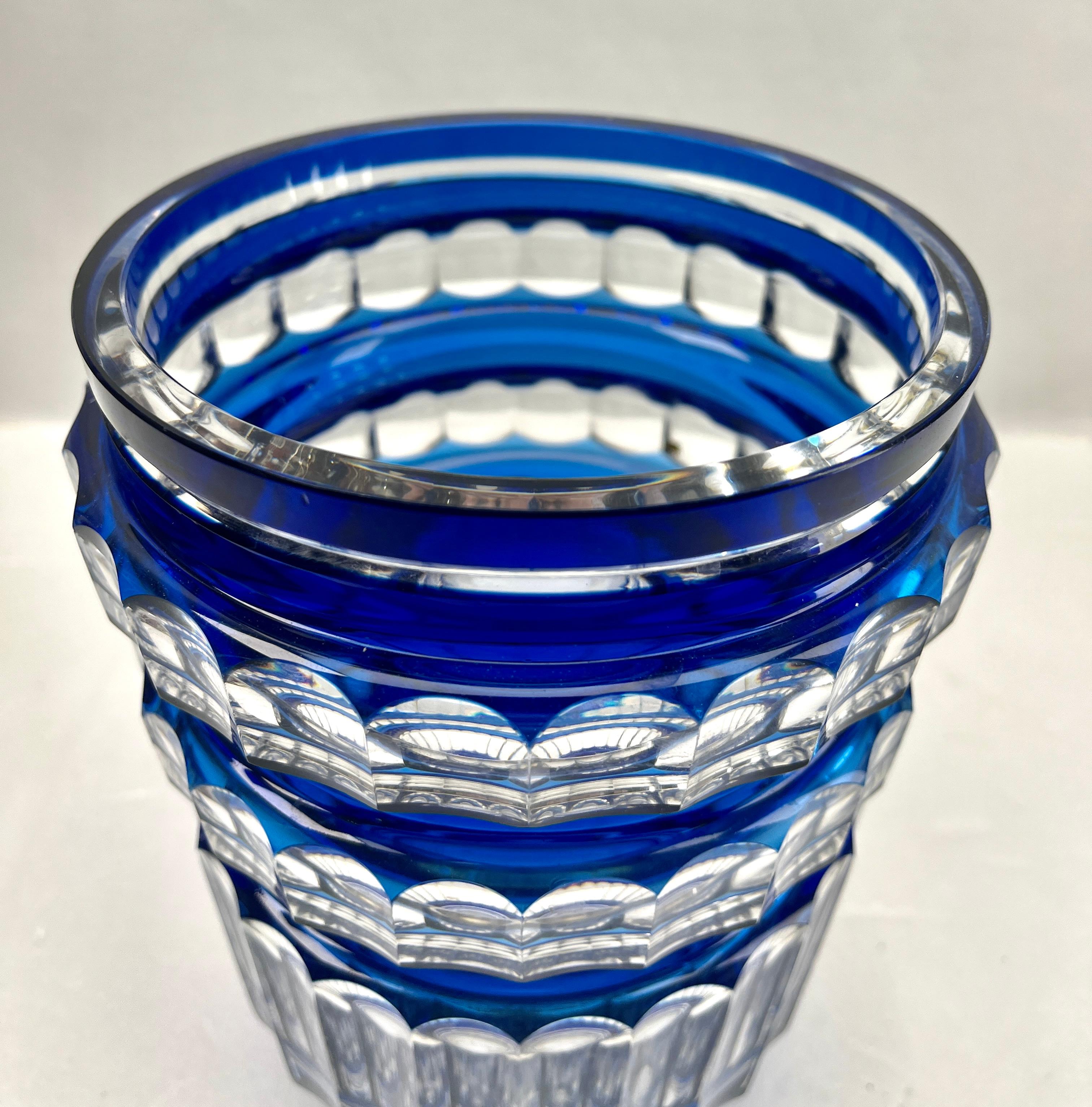 Mid-20th Century Val Saint Lambert Cobalt Crystal Vase Cut to Clear Belgium 1950s For Sale