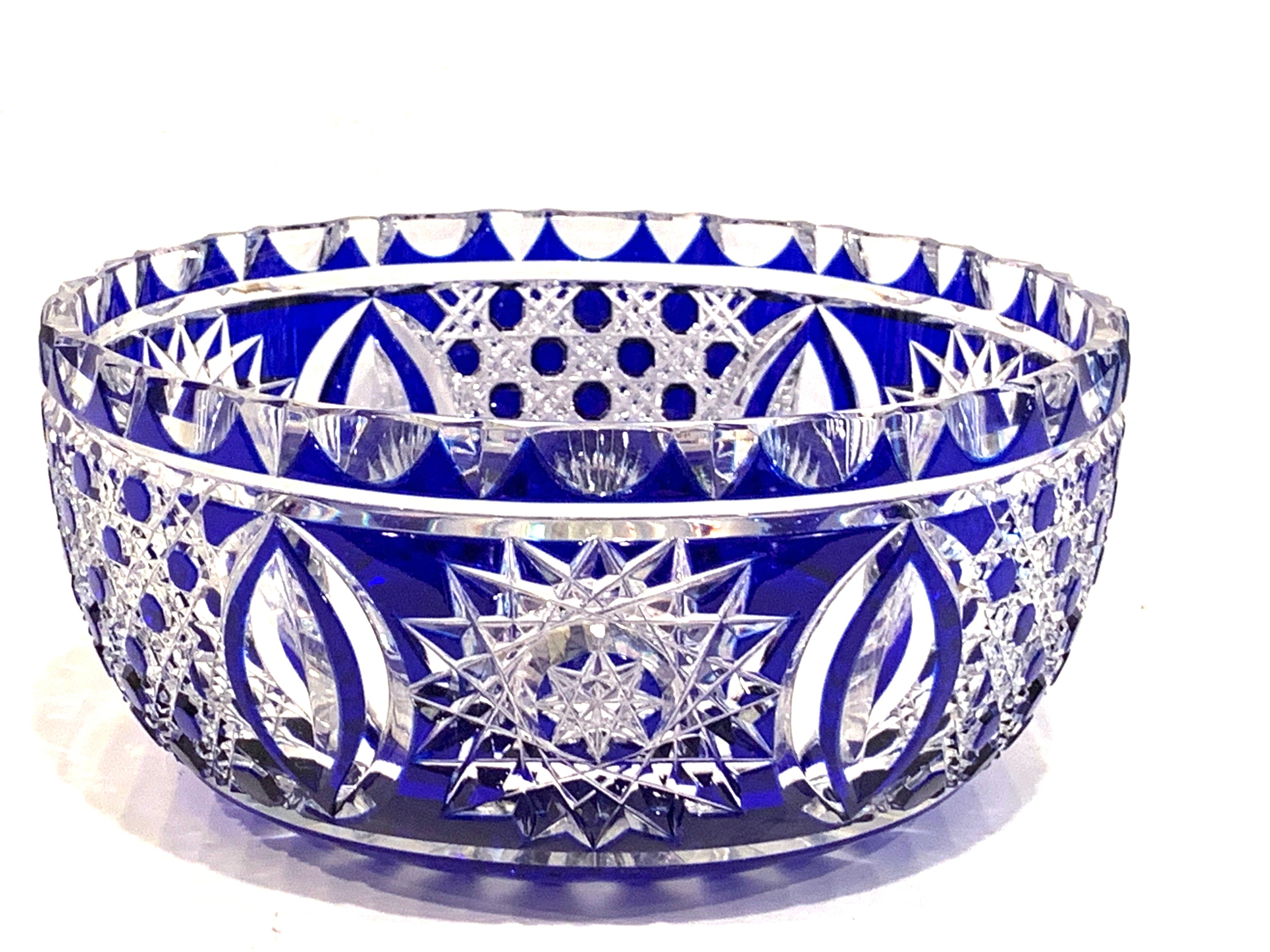 Val Saint Lambert, (attributed) cobalt cut to clear bowl, beautifully cut with various techniques and patterns. Unmarked.
