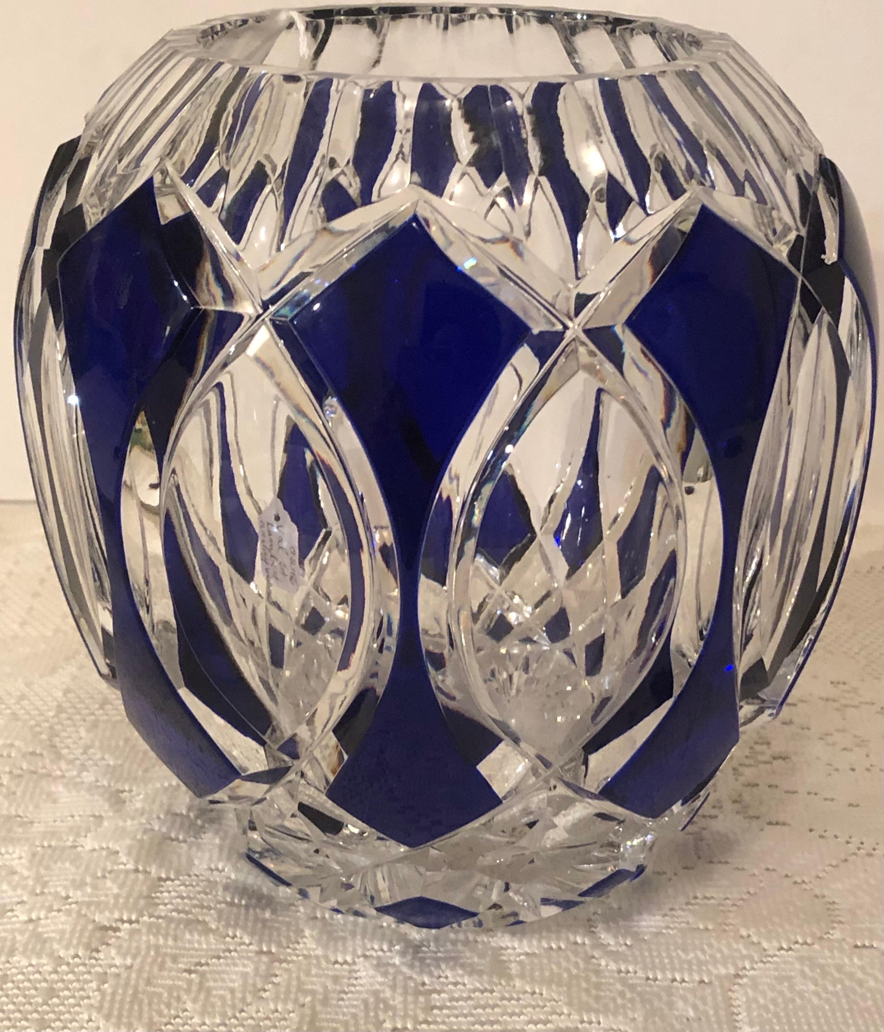 Art Deco Val Saint Lambert Cobalt Cut to Clear Overlay Crystal Rose Bowl or Vase