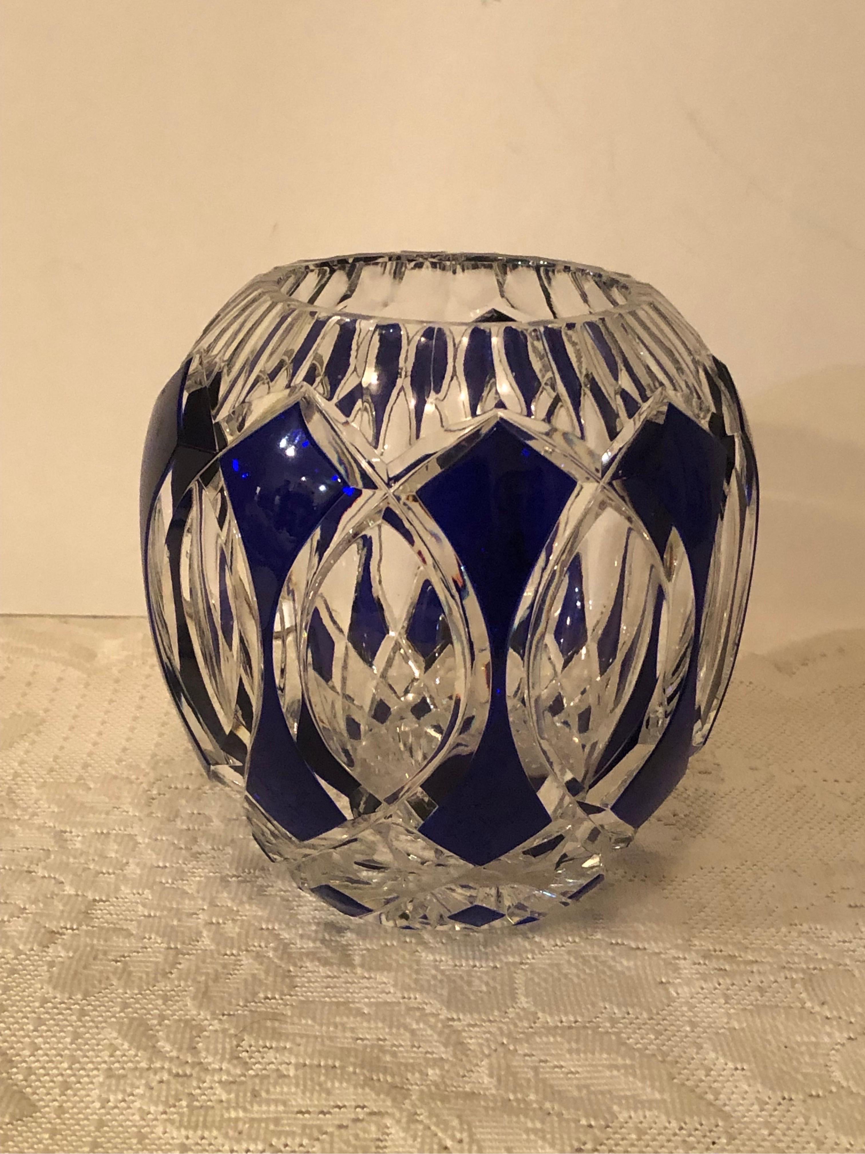 Belgian Val Saint Lambert Cobalt Cut to Clear Overlay Crystal Rose Bowl or Vase