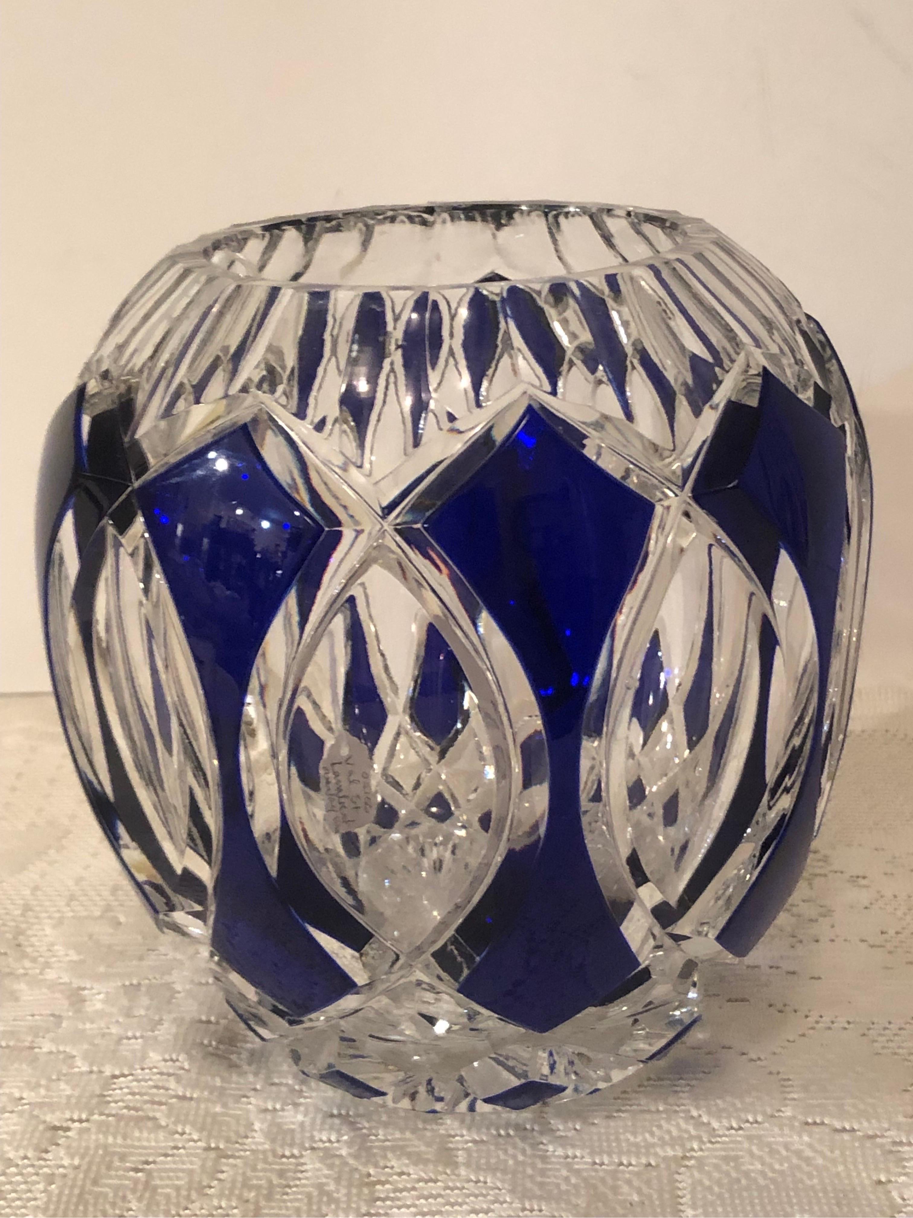 Early 20th Century Val Saint Lambert Cobalt Cut to Clear Overlay Crystal Rose Bowl or Vase