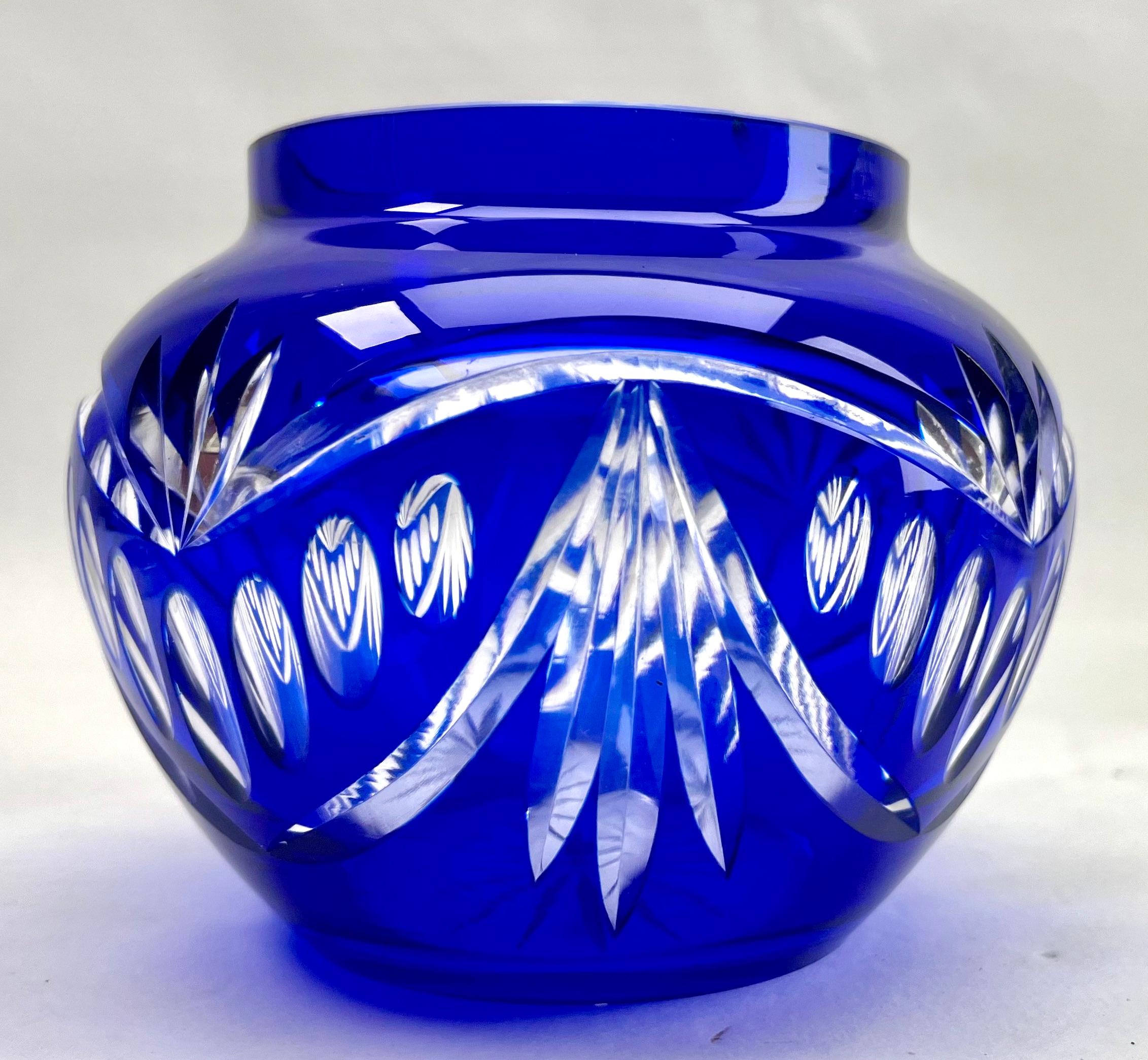 Art Deco Val Saint Lambert Cobalt 'Pique Fleurs' Vase, Crystal Cut-to-Clear, with Grille