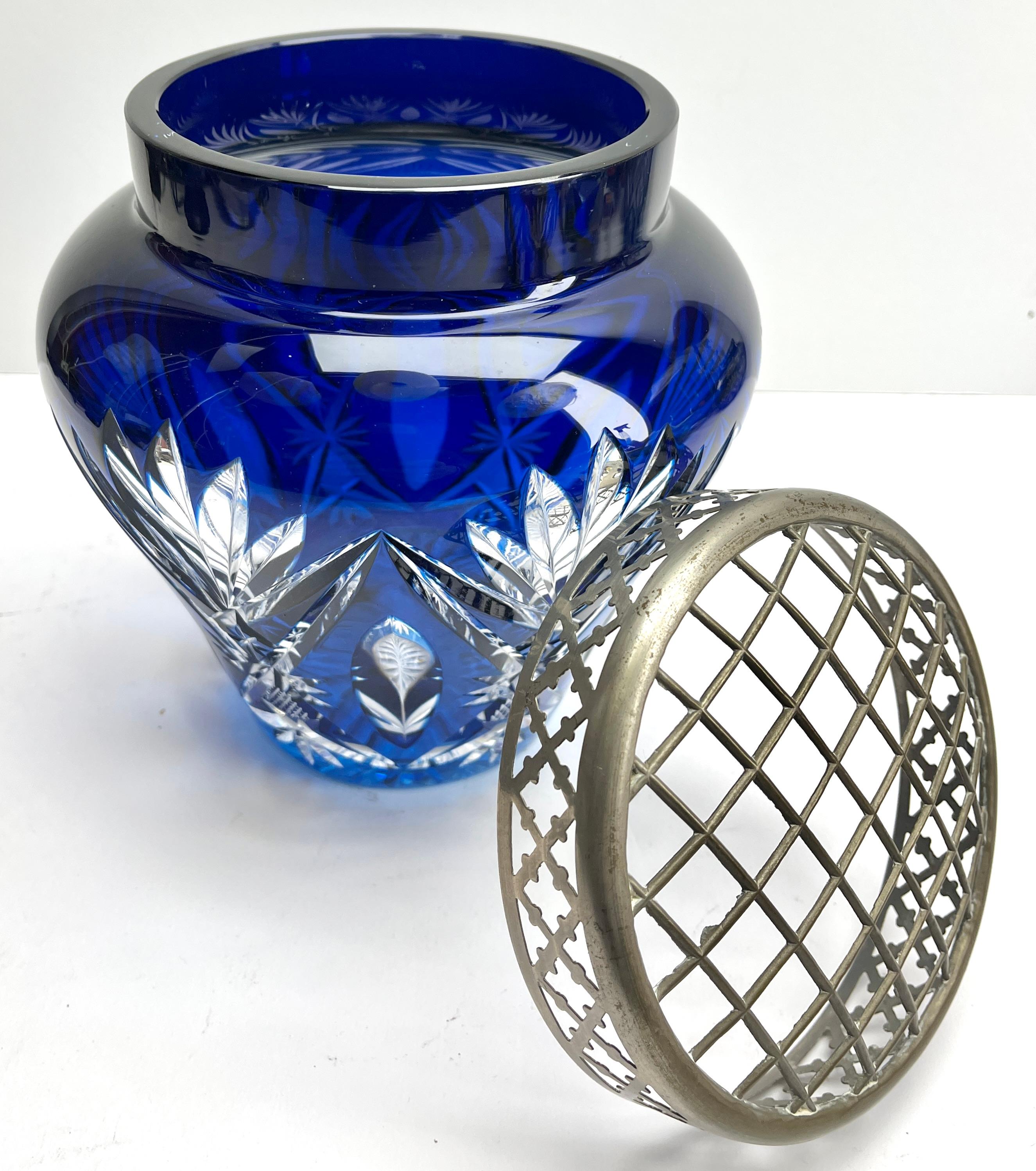 Art Deco Val Saint Lambert Cobalt 'Pique Fleurs' Vase, Crystal Cut-to-Clear, with Grille For Sale