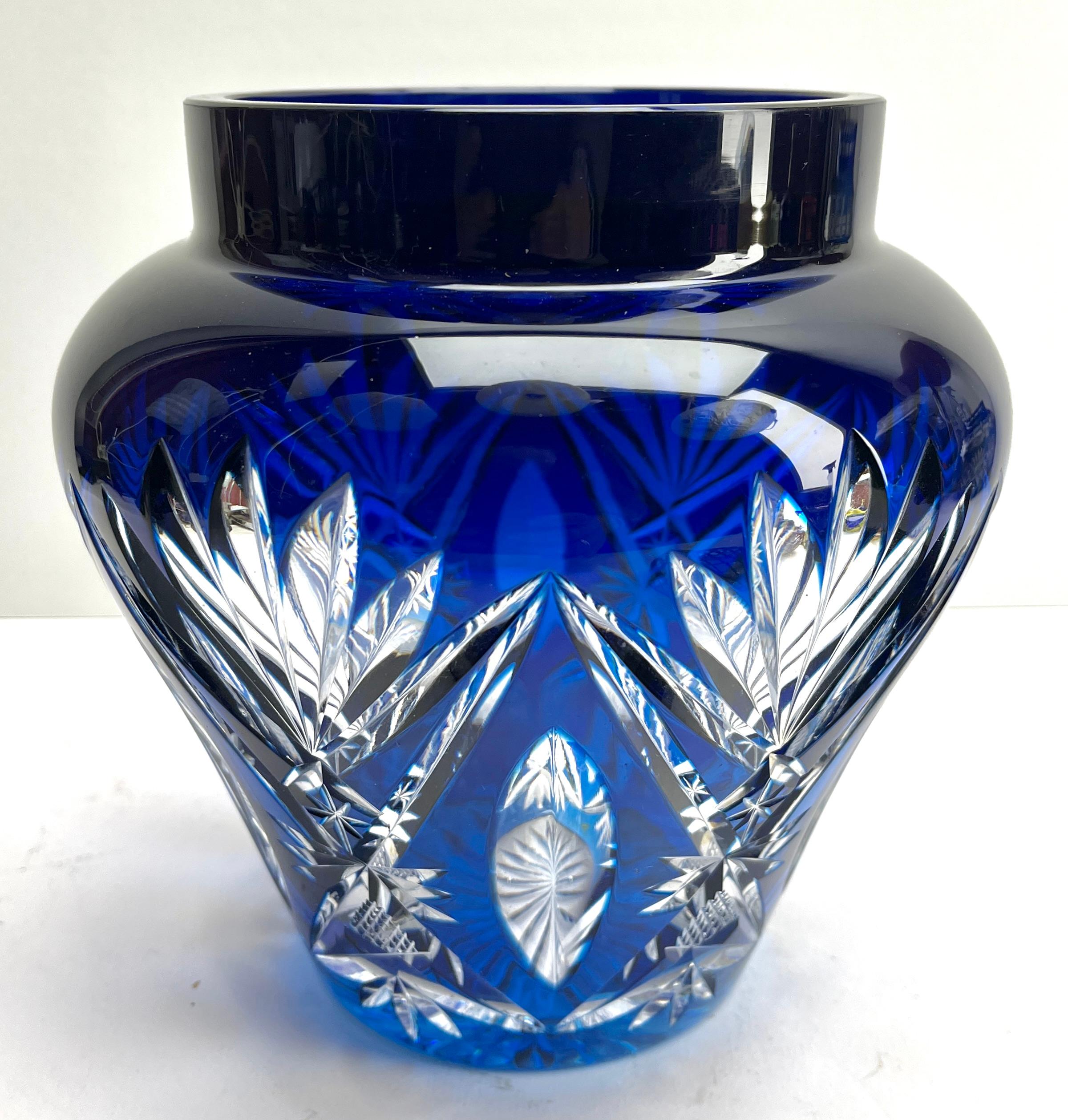 Belgian Val Saint Lambert Cobalt 'Pique Fleurs' Vase, Crystal Cut-to-Clear, with Grille For Sale