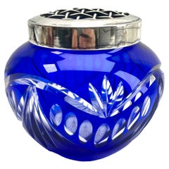 Val Saint Lambert Cobalt 'Pique Fleurs' Vase, Crystal Cut-to-Clear, with Grille