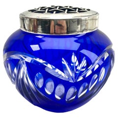 Vintage Val Saint Lambert Cobalt 'Pique Fleurs' Vase, Crystal Cut-to-Clear, with Grille