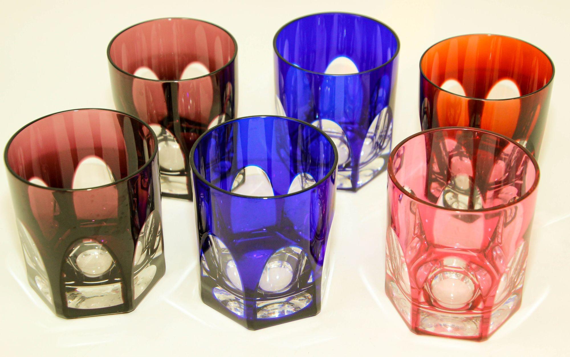 Val Saint Lambert Style Colored Crystal Tumblers Barware Drinking Glasses 6
