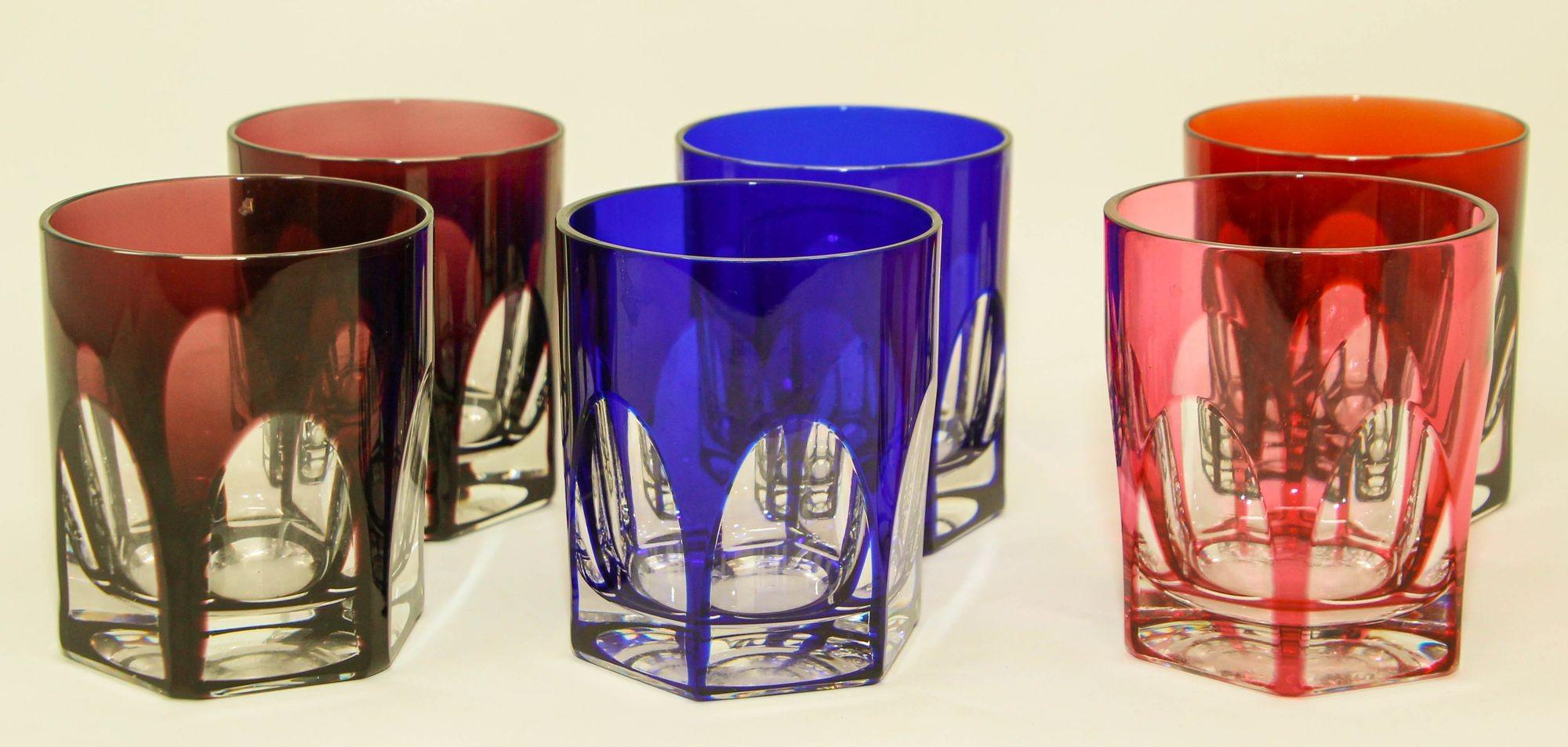 Harlequin set of 6 Val Saint Lambert colored crystal tumblers barware drinking glasses
A striking set of six Mid 20th Century Belgian colored crystal tumblers by Val Saint Lambert.
Bohemian Czech crystal bar Barware cut to clear whisky old