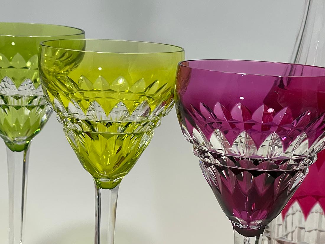 Crystal Val Saint Lambert colored cut-to clear crystal wine set, signed For Sale