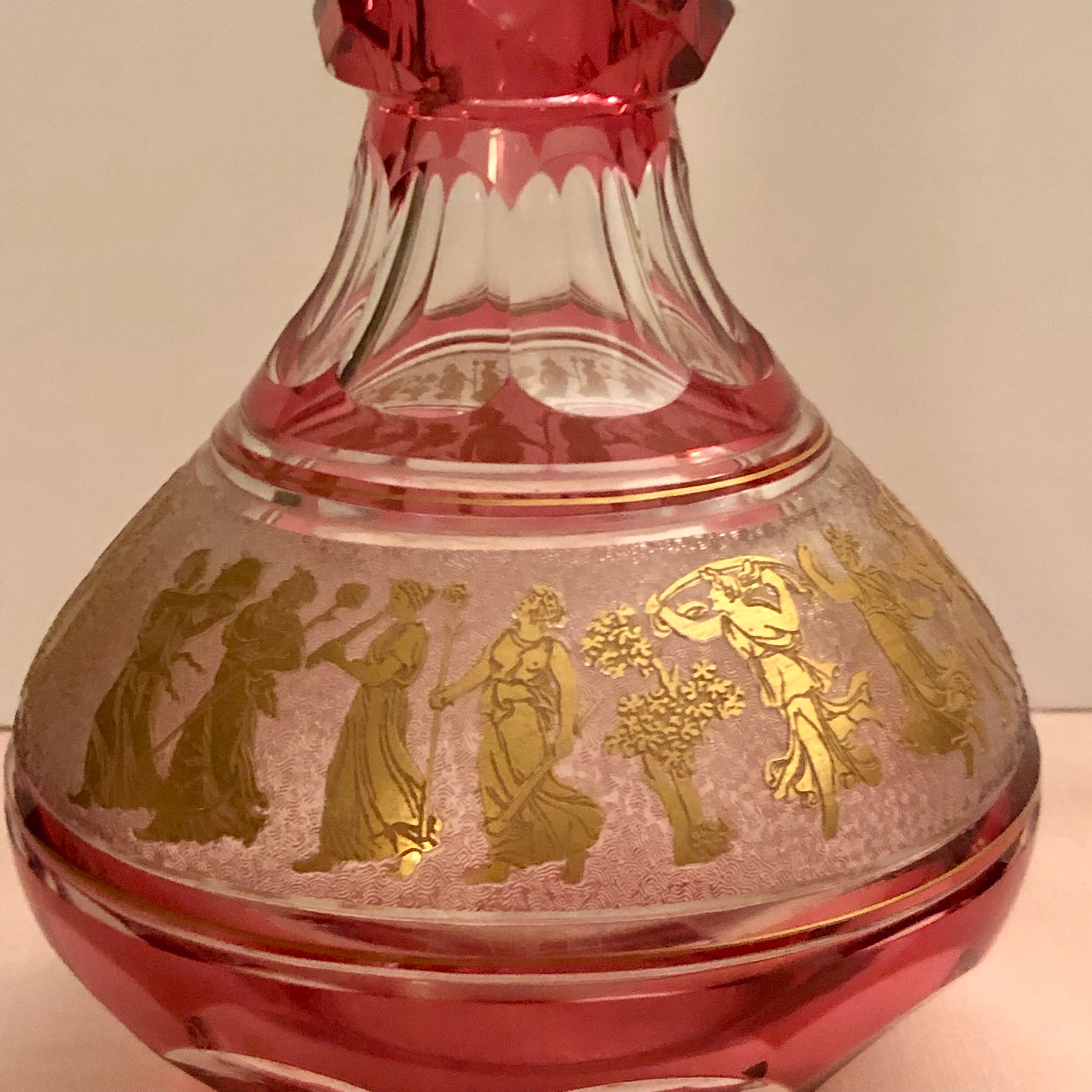 Val Saint Lambert Cranberry Decanter with Cut Cameo Gold Neoclassical Figures 3