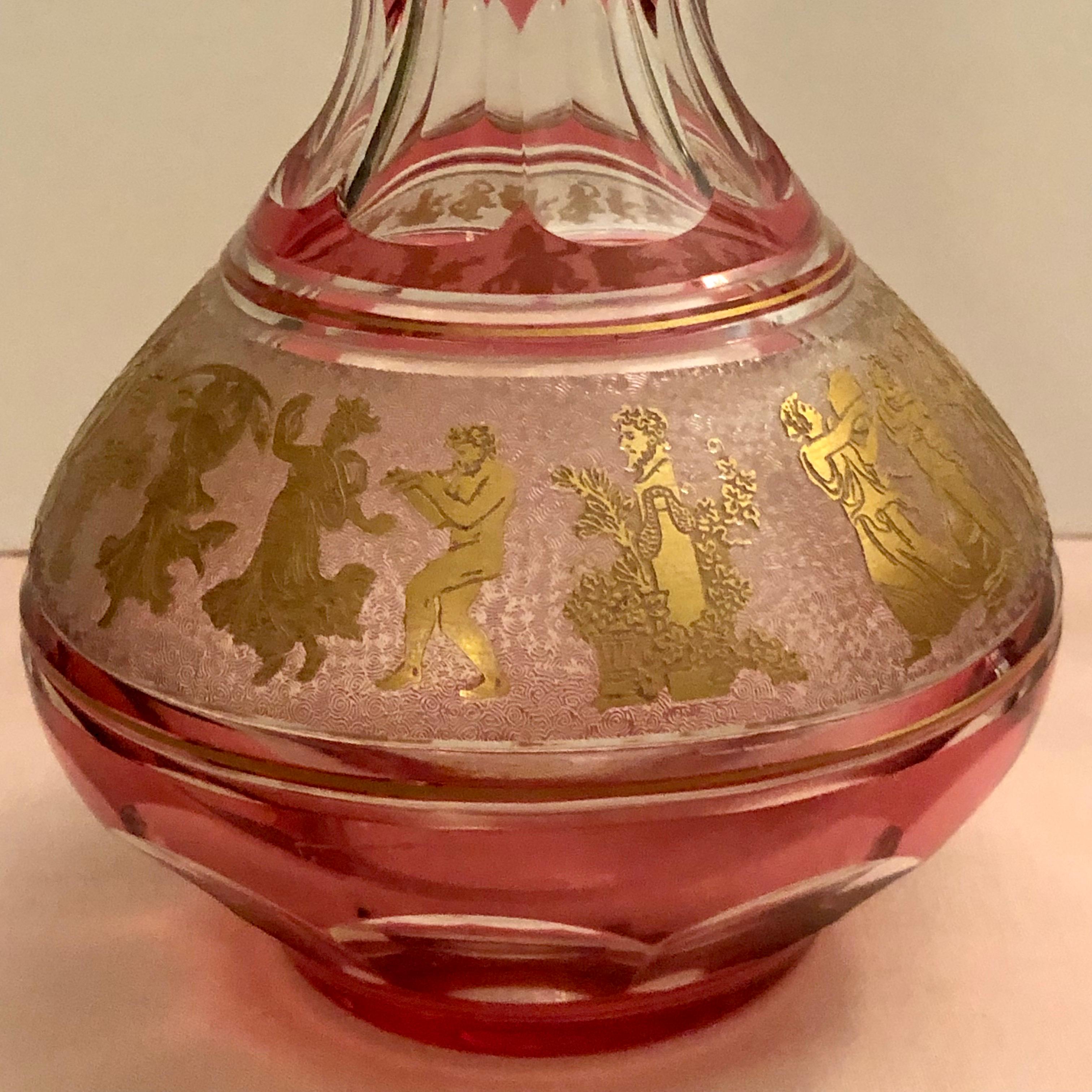 Val Saint Lambert Cranberry Decanter with Cut Cameo Gold Neoclassical Figures 8