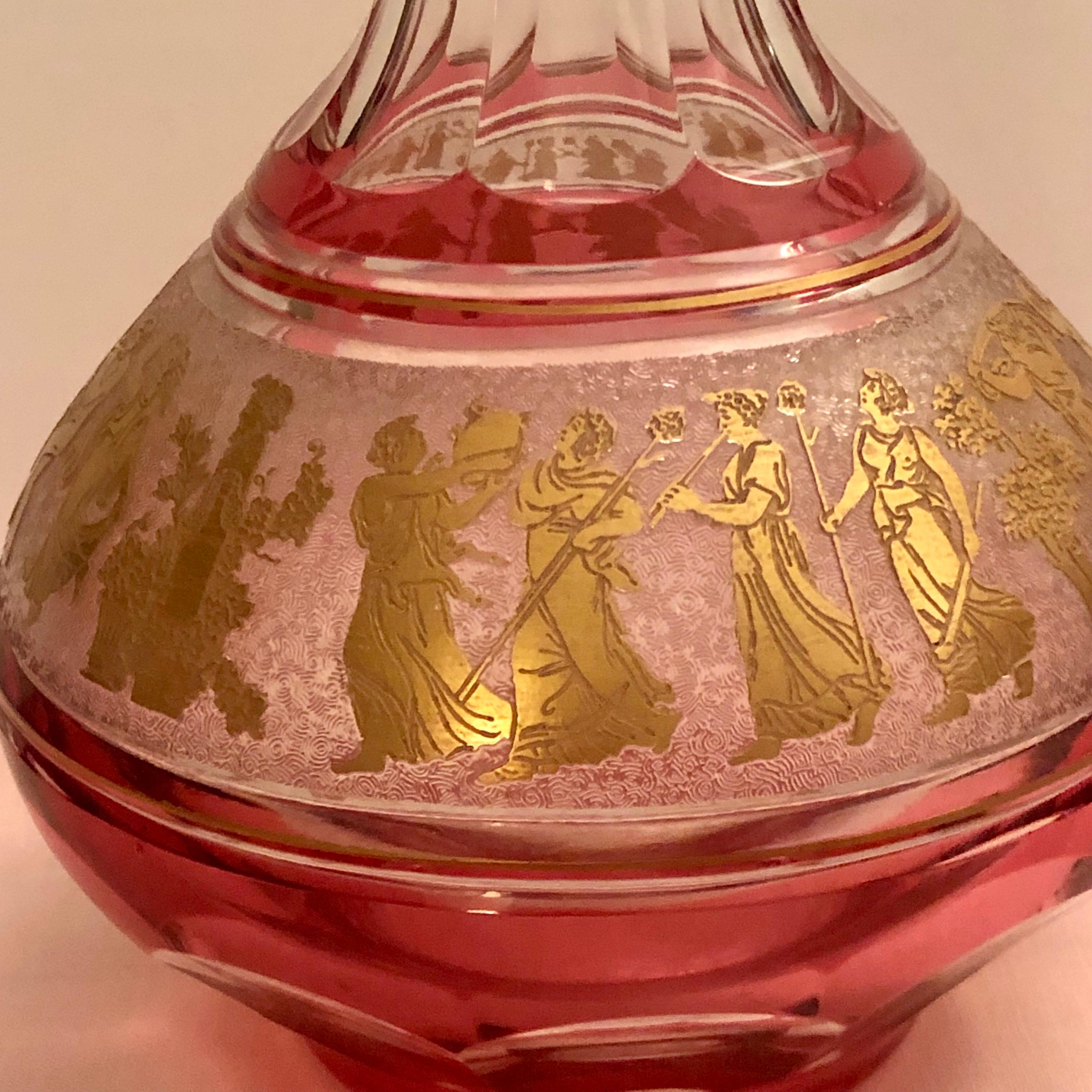 Val Saint Lambert Cranberry Decanter with Cut Cameo Gold Neoclassical Figures 9